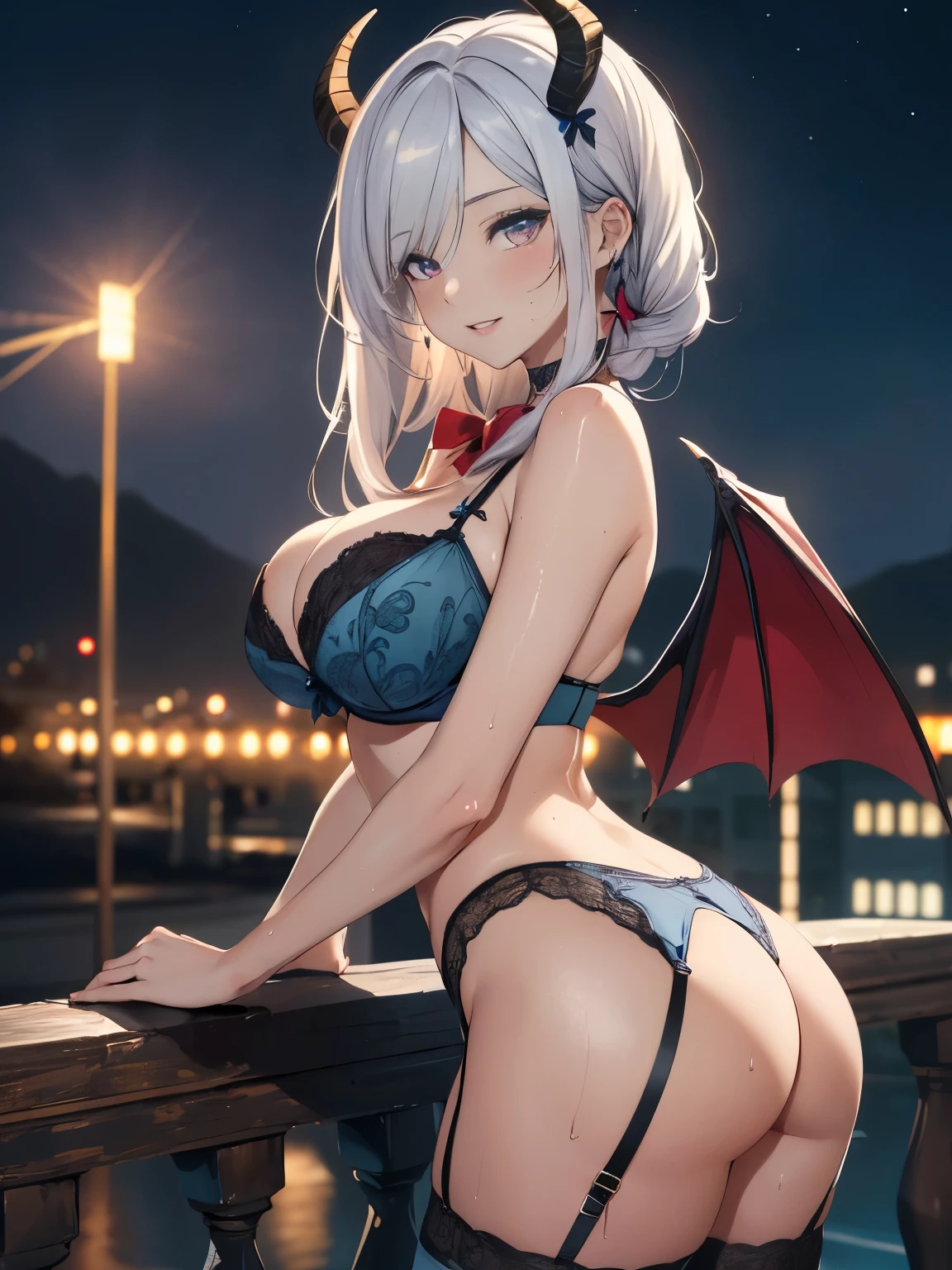 ((anime art style)), (pixiv:1.3),
break,
((1girl)),
break,
(best quality, 4k, 8k, highres, masterpiece:1.2, hyper detailed),
(beautiful and aesthetic, extremely detailed CG unity 8k wallpaper),
break,
((((night time))), balcony, moonlight, cinematic lighting, ray tracing, portrait),
(detailed background, cinematic light, beautiful detailed eyes, eye reflection),
(breathtaking, amazing),
(bishoujo:1.2), (),
beautiful caucasian woman, 22 years old, voluptuous, ((busty)), (large breasts), holding breasts, bursting breasts, amazing ass,
straight middle long silver hair, bangs, hair between eyes, long hair braid, red bow in hair,
pink eyes, vibrant eyes, fair skin, white skin, wet skin, sweaty skin, red cheeks, blushing, smile, seductive look, parted lips,
detailed face, pretty face, perfect skin, expressive face, attractive appearance, detailed lips and eyes, fine detailed hair, highly intricate face,
satan goat horns on the head, black bat wings, dark blue lingerie, medium shot, thong, garter belt, bra very tight, bare shoulders, dark blue lingerie, horny,