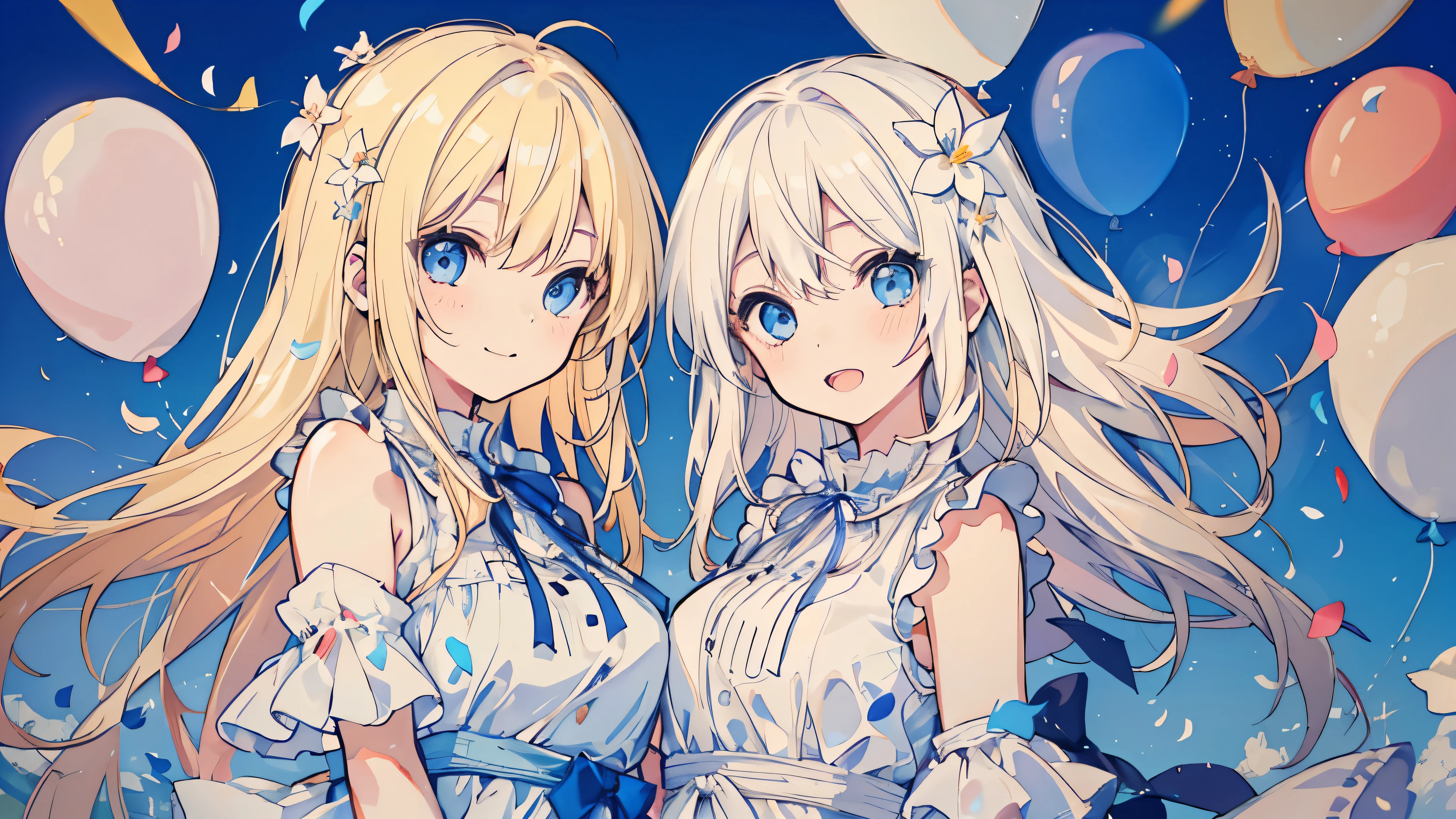 (face, 2 girls, blonde hair, blue eyes, white ????????, kawaii), (fluttering petals, colorful balloons, celebration, congratulation)
