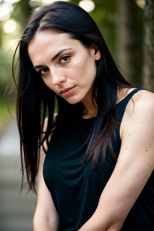 Beautiful English woman, long straight black hair, wearing a black shirt and black jeans,small scar on right cheek, minor wrinkles around the eyes, full body shot, medium breast size, front view, very detailed, 50 years old, natural long hair, brown eyes, looking annoyed, high-res, masterpiece, best quality, intricate details, highly detailed, sharp focus, detailed skin, white skin, realistic skin texture, texture, detailed eyes, professional, 4k, Canon shooting, 85mm, shallow depth of field, Kodak color vision, perfect fit body, extremely detailed, photo_\(ultra\), photo realistic, realistic, post-processing, maximum detail, roughness, real life, ultra realistic, photorealism, photography, 8k uhd, photography (grain of film) medium shot for closeup shot atmospheric natural lighting, looking directly in to camera, portrait, direct angle, no hair in face