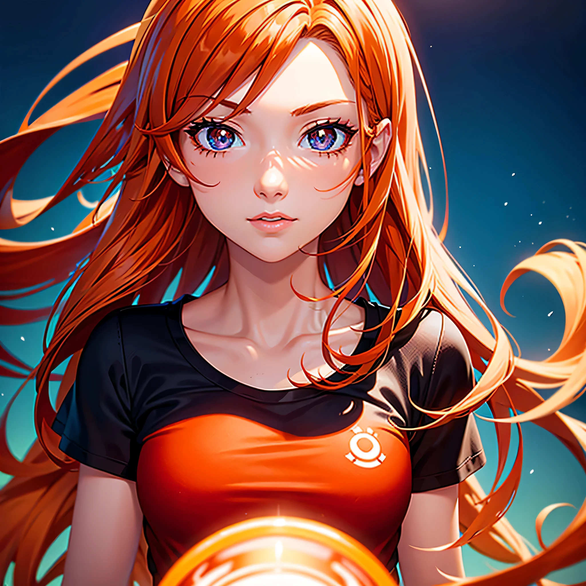 digital art, a close up portrait of a pretty Celtic 17yo girl (((wearing a red t-shirt))), light colored skin, smooth skin, young face, ((( long and wavy bright orange hair, neon orange hair, flaming anime orange hair))) ((bright blue eyes)), beach, (1girl), dramatic, (looking at viewer:1.2), (detailed pupils:1.3), (natural light), professional digital art
