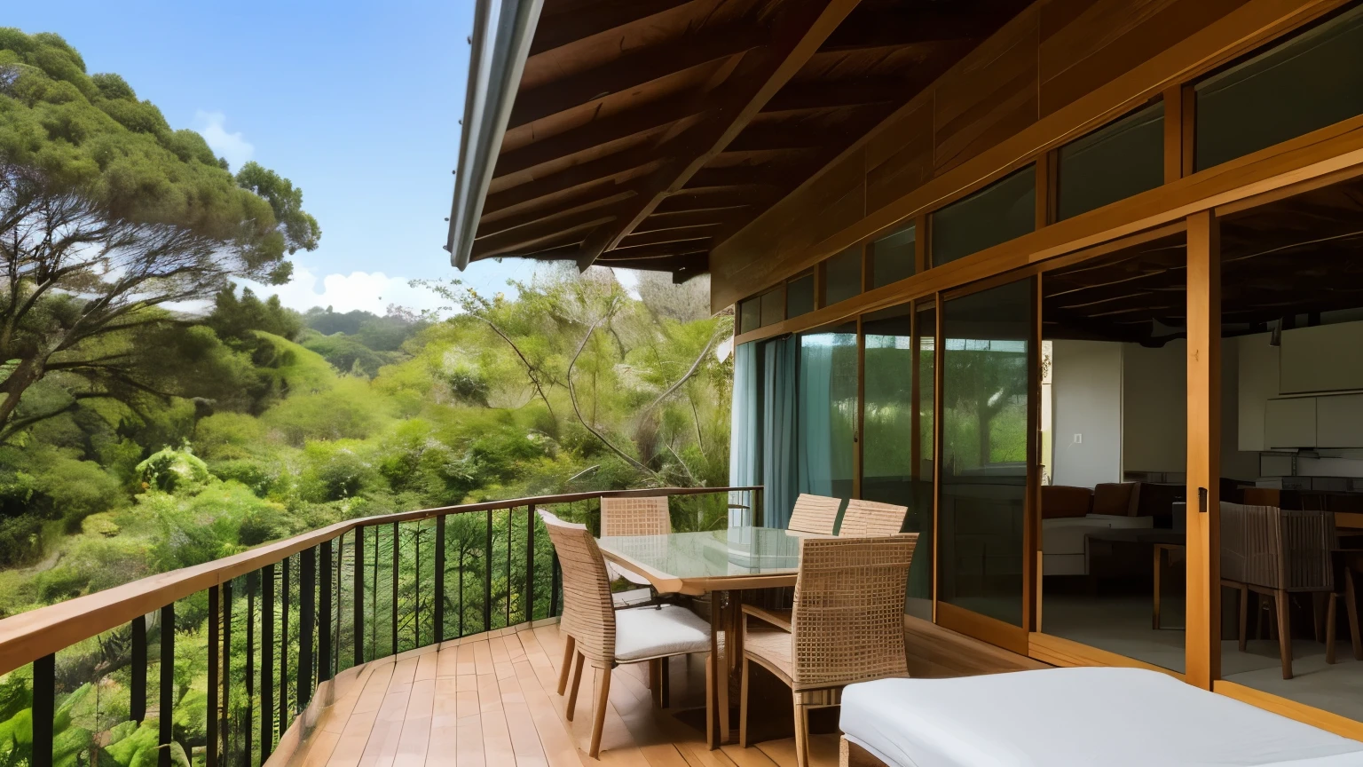 uma vista de um deck com uma floreira e um banco sobre ele, construir em uma floresta perto de um lago, Casa do Lago, Casa moderna na madeira, Casa minimalista na madeira, em ambiente de floresta serena, Casa na floresta, serene forest setting, Mistura com a arquitetura Rivendell, bela casa em um caminho da floresta, aninhado em uma floresta, Casa de campo na floresta