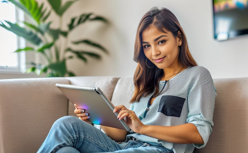 ((melhor qualidade)), ((obra de arte)), (detalhado), rosto perfeito((Uma mulher linda jovem, olhando para o tablet com olho aberto, (( usando roupa casual))and ultra-detailed in every feature of your body and face, She is sitting on a sofa looking at the tablet in her hand , She is not sitting sideways with her head slightly tilted towards the camera and showing the tablet screen ( foco em mostrar a tela do tablet) mostra a tela do tablet ))