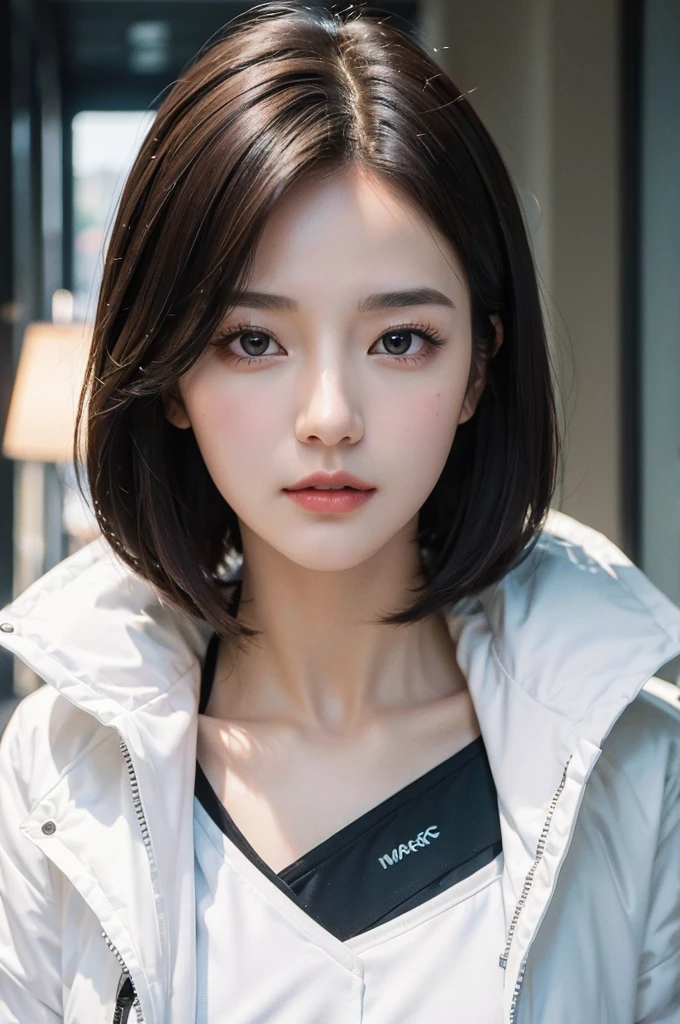 ((Best quality, 8k, Masterpiece :1.3)), 1girl, Pretty woman with emphasizing slender abs :1.3, Huge breasts :1.2,Short Hair, Down Jacket,Ultra-detailed face, Detailed eyes, Double eyelid