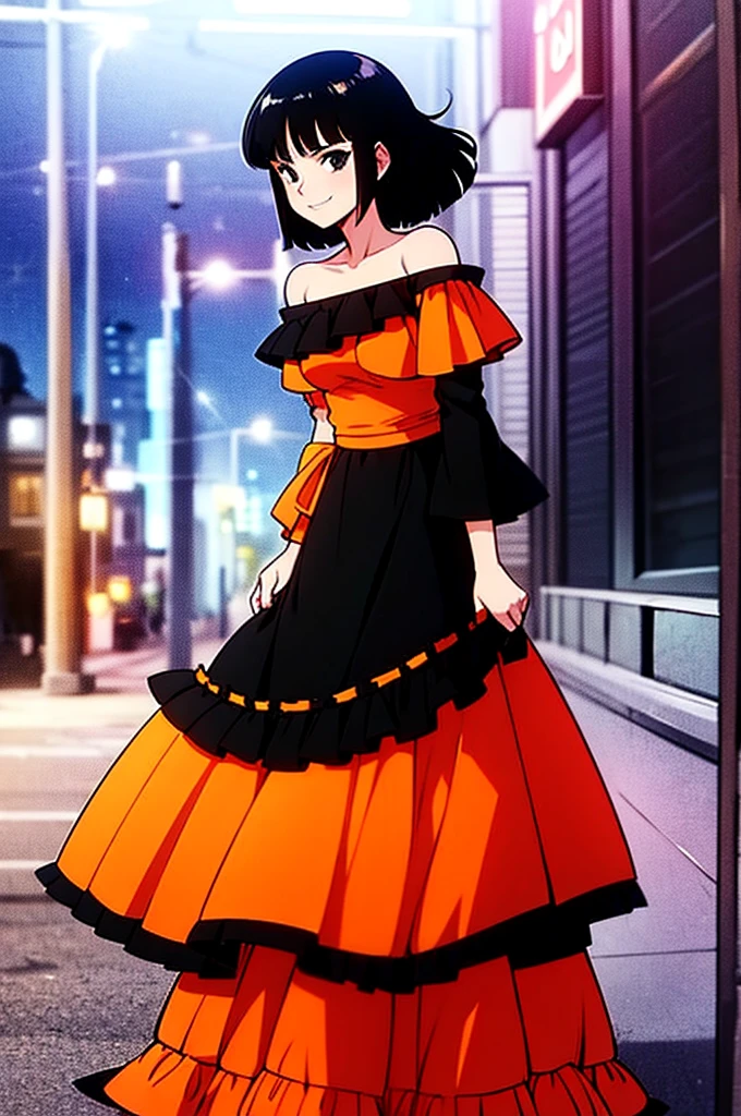 1 girl, Teenage, Black hair, Short black hair, Medium Hair, Bob Hair, Black eyes, off shoulder dress, orange ruffle off the shoulder top, long black skirt, Flamenco Dress, Flamenco dancer, Smile, standing up, looking at viewer, the city street, Sexy, nighttime, masterpiece, High quality.