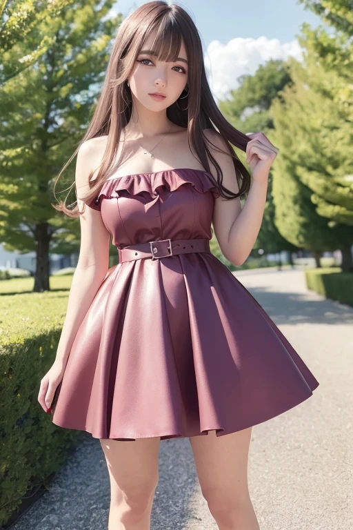 masterpiece++, best quality++, ultra-detailed+, extremely detailed++, 4K, 8K+, best quality, beautiful+, anime style,1person,full body image,summer,park,girly lacefrill mini slipdress,narrow leather belt bound waist,very slim waist,beautiful straight pinkbrown hair,beautiful blue eyes, beautiful eyes++,long straight hai