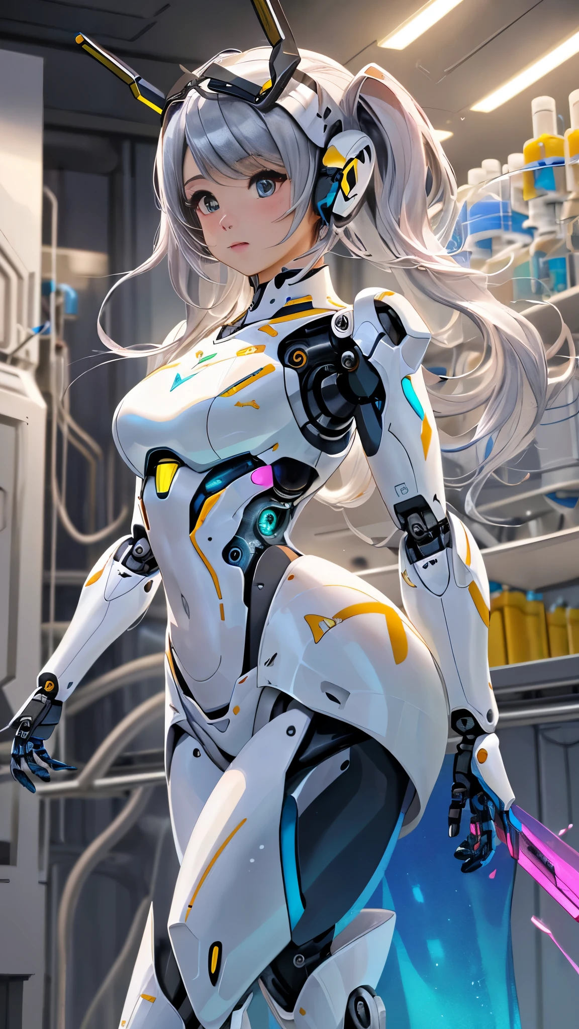 Fondo de pantalla CG Unity 8k altamente detallado, With the highest quality, obra maestra, Realista, fotos realistas, Sharp focus:1.2、Estilo perfecto、,Ariana Grande japonesa androide cyborg, robotic parts, hermoso estudio con luz suave, Detalles vibrantes, Ciberpunk de lujo, (Android body made of white and silver transparent glass and plastic:1.4), , (Mecanismos internos del cuerpo de metal plateado+pink), dynamic pose, Fluid organic components, Grabado detallado, Lace designs, (Circuitos dorados brillantes:1.5), (hermosos ojos azules), (pose vaquero ), Fanart Mejor ArtStation, Fantasy art style ,(cuerpo de vidrio transparente:1.5) ,(fondo laboratorio Robotic futuristic colors:1.5) ,(Dedos convexo detailed ), burbujas de agua, (perfect anatomy)