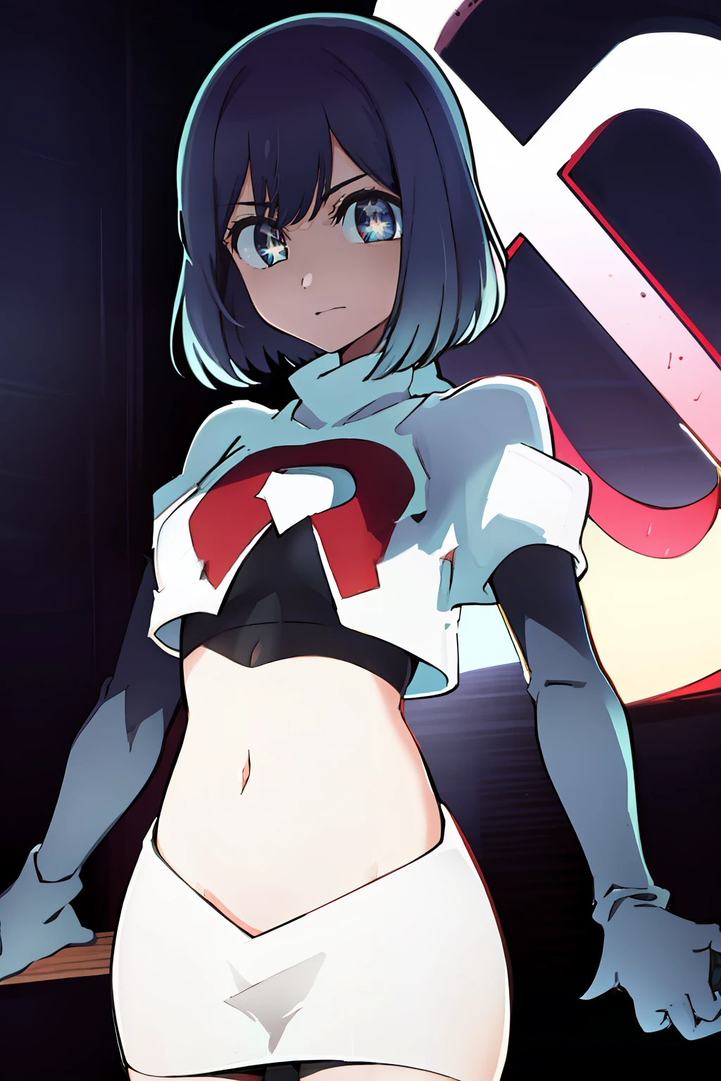 kurokawaakane\(1zgame\),1girl, solo,stage,looking at viewer,8k, beautiful lighting,symbol-shaped_pupils, sparkling_eyes, star-shaped_pupils, star_(symbol), team rocket,team rocket uniform,white skirt,crop top,black thigh-highs,black elbow gloves