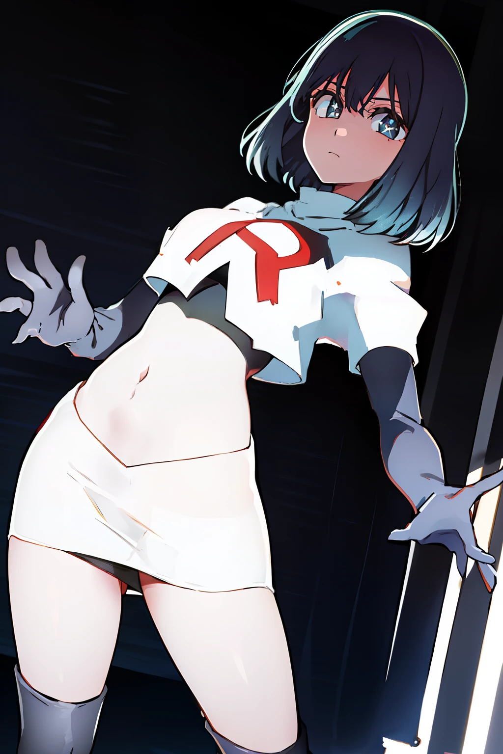 kurokawaakane\(1zgame\),1girl, solo,stage,looking at viewer,8k, beautiful lighting,symbol-shaped_pupils, sparkling_eyes, star-shaped_pupils, star_(symbol), team rocket,team rocket uniform,white skirt,crop top,black thigh-highs,black elbow gloves