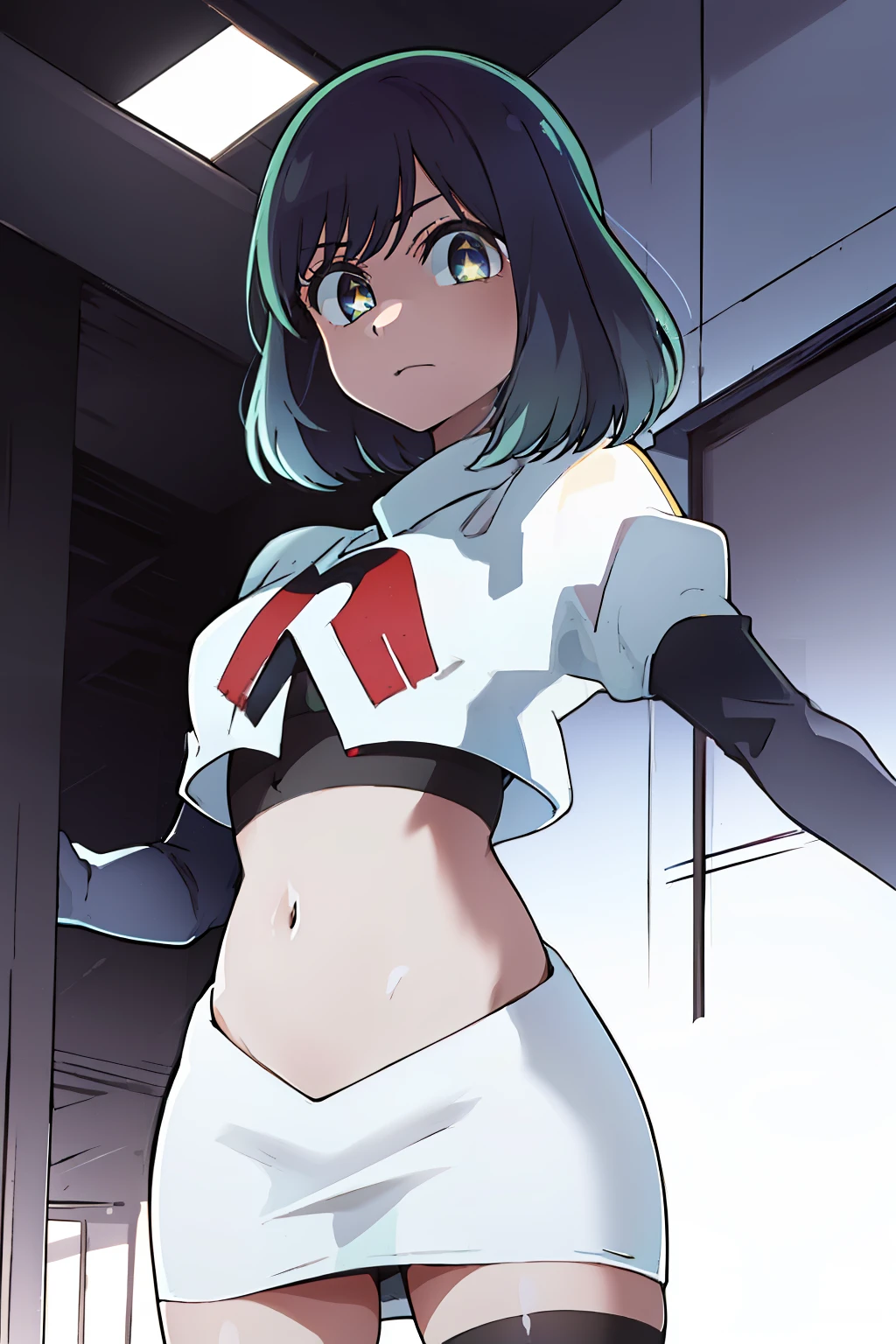 kurokawaakane\(1zgame\),1girl, solo,stage,looking at viewer,8k, beautiful lighting,symbol-shaped_pupils, sparkling_eyes, star-shaped_pupils, star_(symbol), team rocket,team rocket uniform,white skirt,crop top,black thigh-highs,black elbow gloves