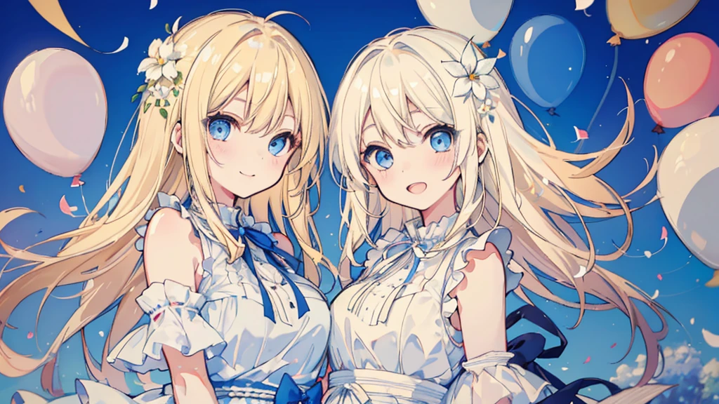 (face, 2 girls, blonde hair, blue eyes, white sundress, kawaii), (fluttering petals, colorful balloons, celebration, congratulation)