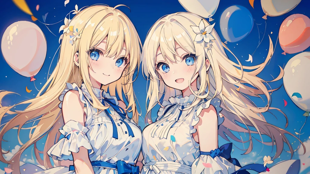 (face, 2 girls, blonde hair, blue eyes, white sundress, kawaii), (fluttering petals, colorful balloons, celebration, congratulation)