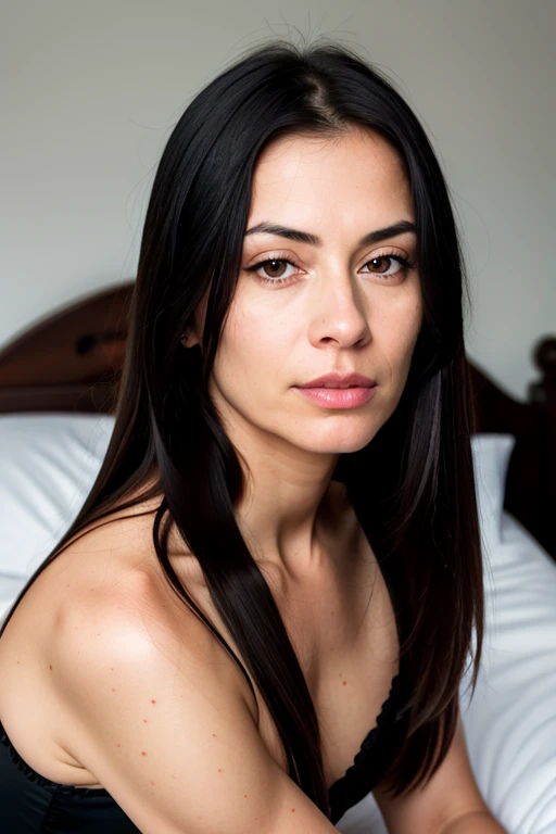 Beautiful English woman, long straight black hair, wearing a black thong, wearing black corset, small scar on right cheek, minor wrinkles around the eyes, full body shot, medium breast size, front view, very detailed, 50 years old, natural long hair, brown eyes, looking annoyed, high-res, masterpiece, best quality, intricate details, highly detailed, sharp focus, detailed skin, white skin, realistic skin texture, texture, detailed eyes, professional, 4k, Canon shooting, 85mm, shallow depth of field, Kodak color vision, perfect fit body, extremely detailed, photo_\(ultra\), photo realistic, realistic, post-processing, maximum detail, roughness, real life, ultra realistic, photorealism, photography, 8k uhd, photography (grain of film) medium shot for closeup shot atmospheric natural lighting, looking directly in to camera, portrait, direct angle, laying on a bed