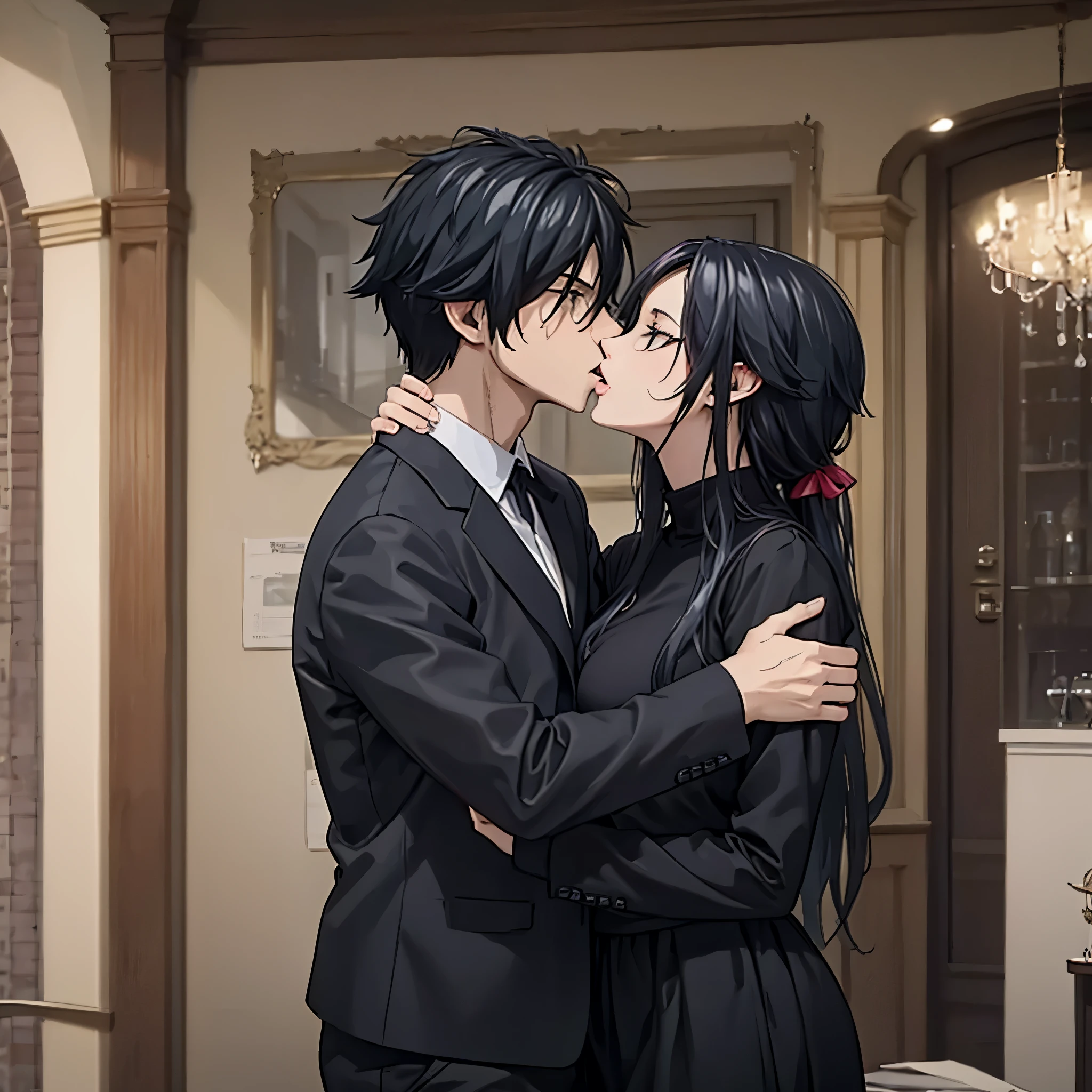 a man kissing a woman on the mouth in black casual clothing in a luxurious modern house
