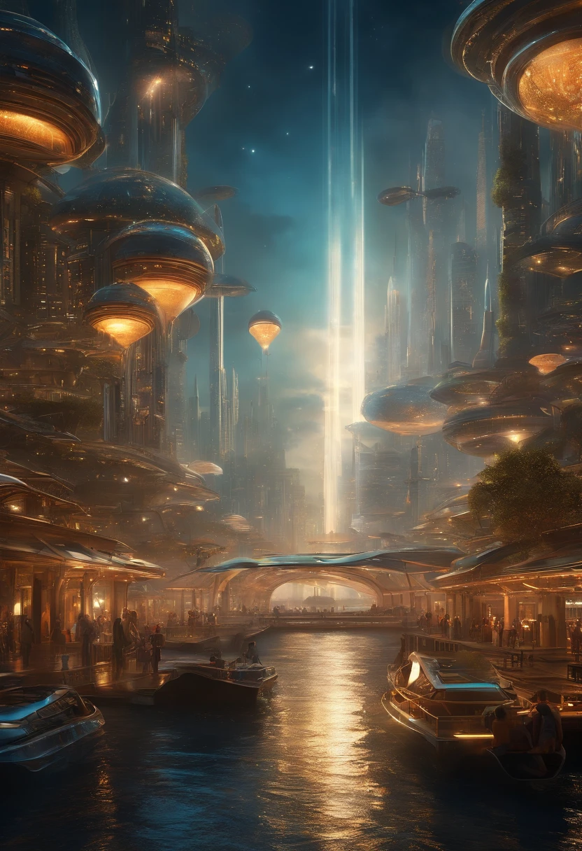 Create futuristic hyperealist works of art, Imagine a floating city in the sky, with complex architectural structures and advanced technology. Paint this futuristic city with a wealth of detail, capturing the bright lights, suspended platforms and flying vehicles that crisscross the skies.