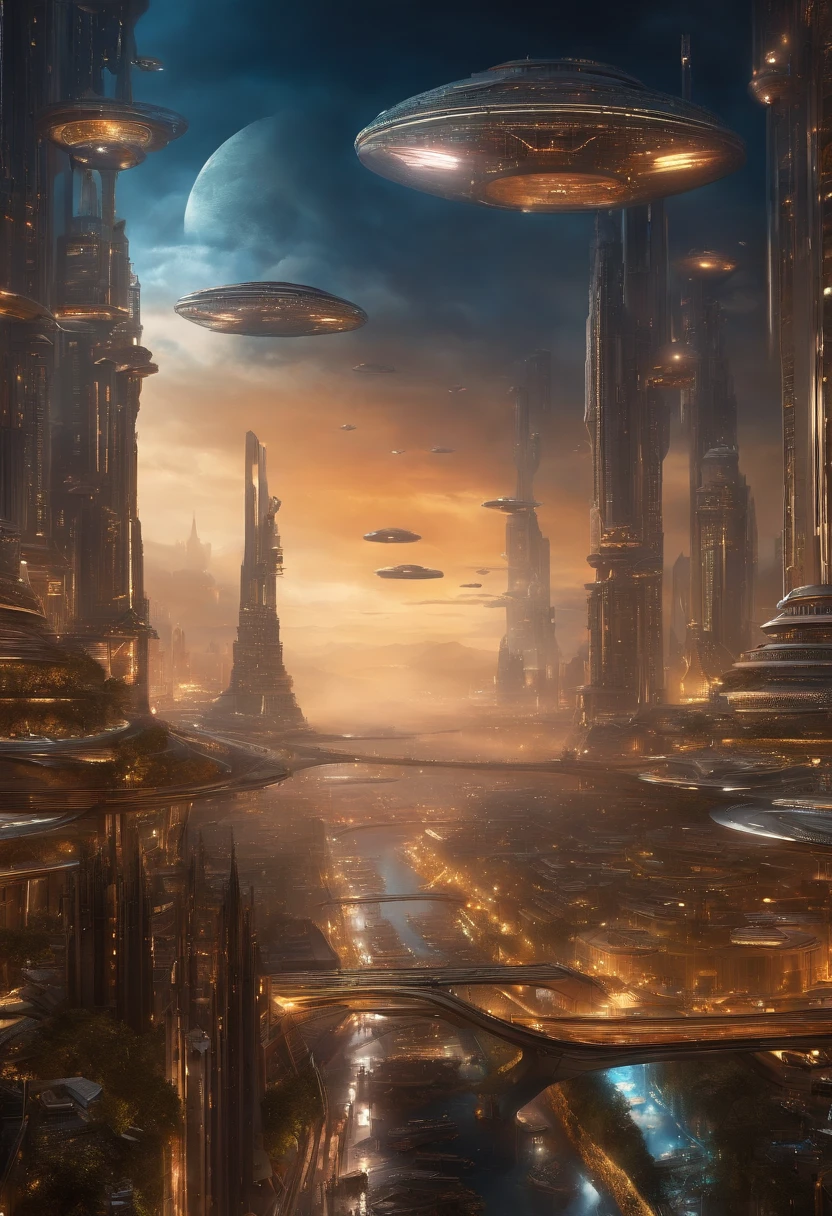 Create futuristic hyperealist works of art, Imagine a floating city in the sky, with complex architectural structures and advanced technology. Paint this futuristic city with a wealth of detail, capturing the bright lights, suspended platforms and flying vehicles that crisscross the skies.