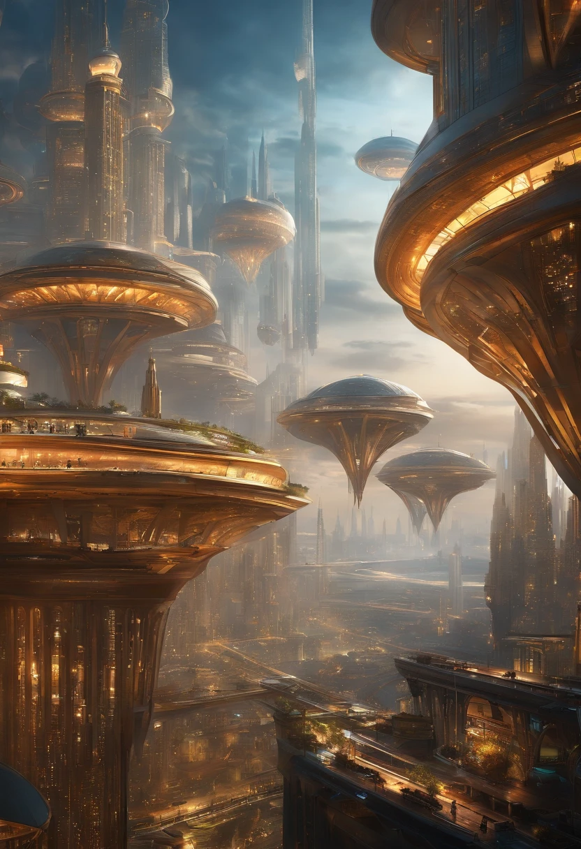 Create futuristic hyperealist works of art, Imagine a floating city in the sky, with complex architectural structures and advanced technology. Paint this futuristic city with a wealth of detail, capturing the bright lights, suspended platforms and flying vehicles that crisscross the skies.