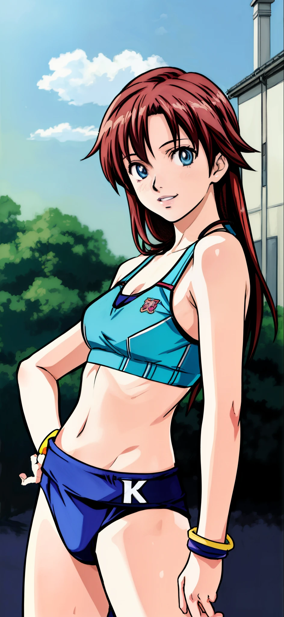 (highest quality,4K,8K,High resolution,table top:1.2), super detailed, (realistic,photorealistic,photo-realistic:1.37), ((from side)),((face close-up)),meadow girl, grin and laugh,((hand on hip))’((sports bra and bloomer)), Wristband,beautiful and fine eyes, beautiful detailed lips, highly detailed eyes and face, long eyelashes, realistic anime 3D style, Smooth anime CG art, Digital rendering by Makoto Shinkai, Moe anime art style, photorealistic rendering of an anime girl, Shinkai Makoto style, Cute anime girl visuals, realistic young anime girl, girl fan art, Created by Anime Artist'studio of.