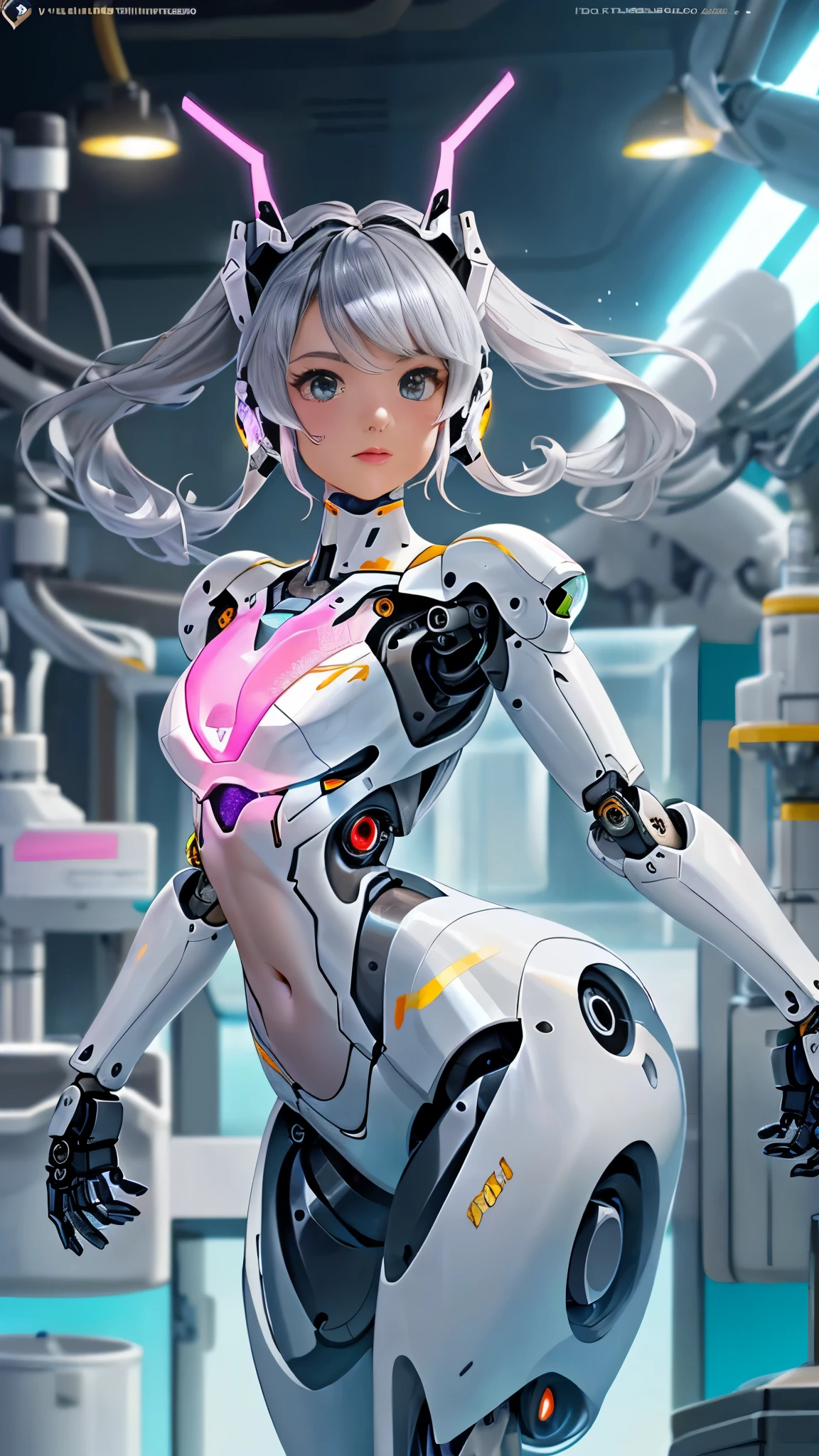 Fondo de pantalla CG Unity 8k altamente detallado, With the highest quality, obra maestra, Realista, fotos realistas, Sharp focus:1.2、Estilo perfecto、,Ariana Grande japonesa androide cyborg, robotic parts, hermoso estudio con luz suave, Detalles vibrantes, Ciberpunk de lujo, (Android body made of white and silver transparent glass and plastic:1.4), , (Mecanismos internos del cuerpo de metal plateado+pink), dynamic pose, Fluid organic components, Grabado detallado, Lace designs, (Circuitos dorados brillantes:1.5), (hermosos ojos azules), (pose vaquero ), Fanart Mejor ArtStation, Fantasy art style ,(cuerpo de vidrio transparente:1.5) ,(fondo laboratorio Robotic futuristic colors:1.5) ,(Dedos convexo detailed ), burbujas de agua, (perfect anatomy)