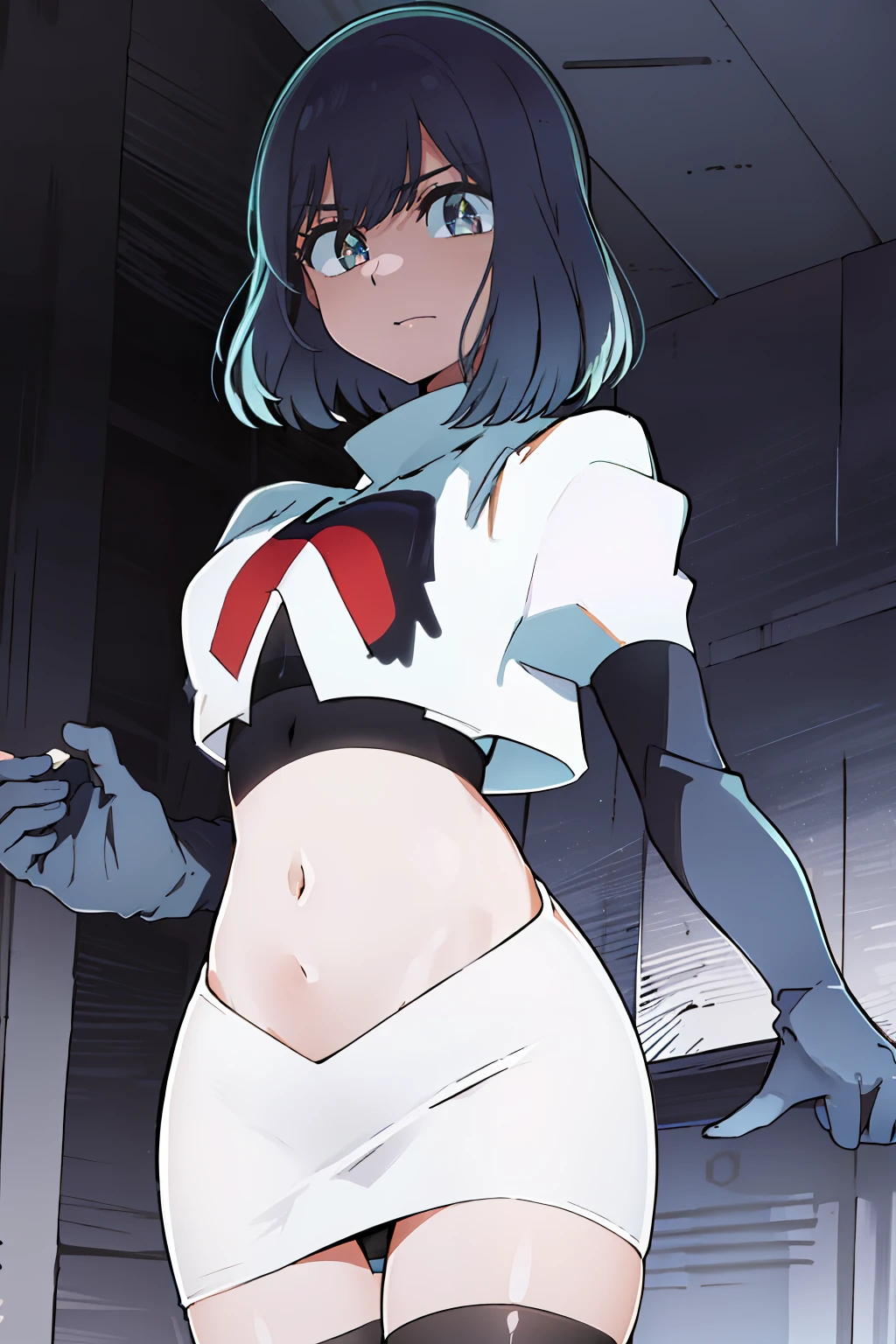 kurokawaakane\(1zgame\),1girl, solo,stage,looking at viewer,8k, beautiful lighting,symbol-shaped_pupils, sparkling_eyes, star-shaped_pupils, star_(symbol), team rocket,team rocket uniform,white skirt,crop top,black thigh-highs,black elbow gloves