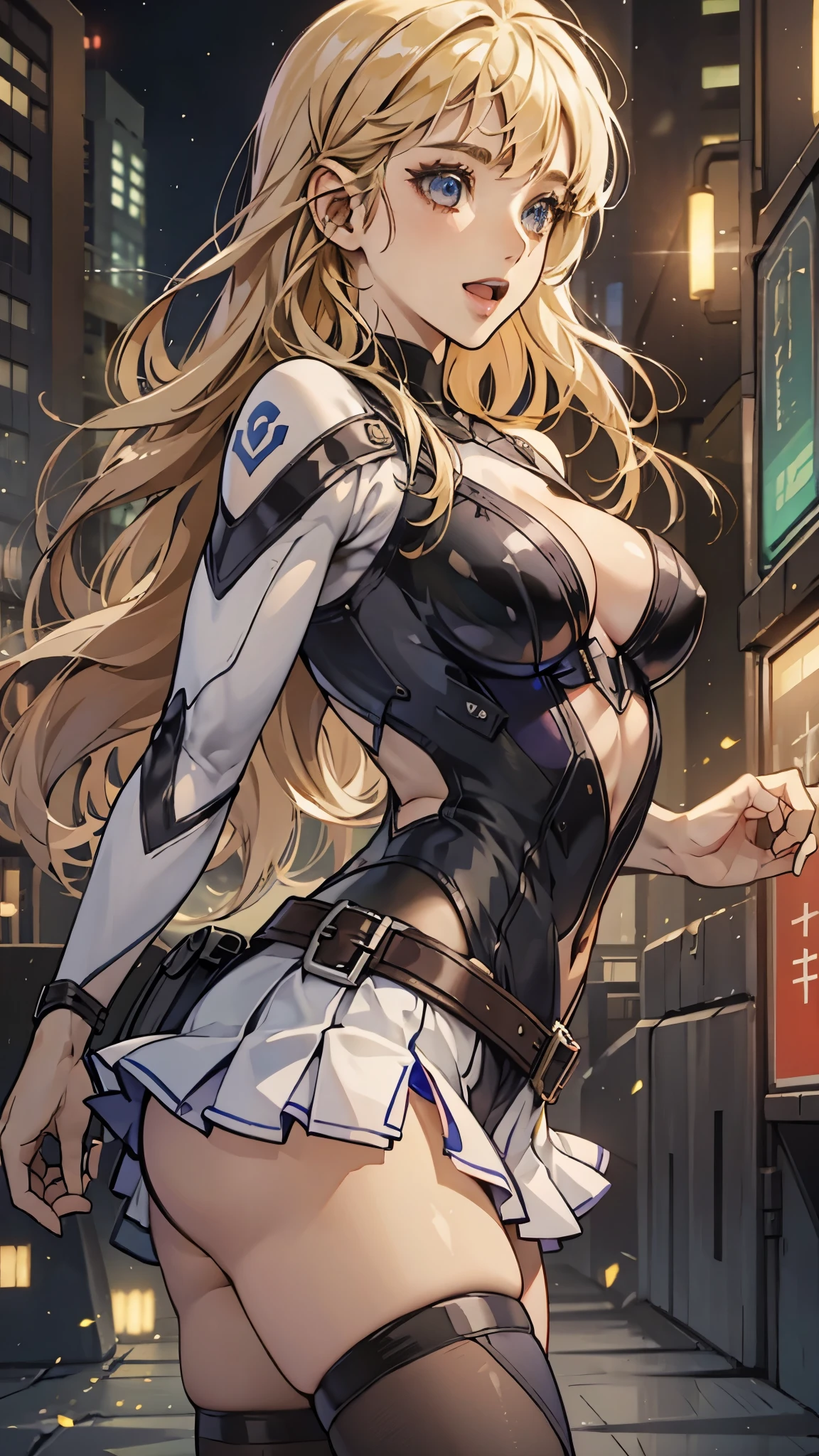 woman,20-year-old,,city,night,((white tight miniskirt bodysuit)),(Harada Makoto),open mouth smile,(((See-through))),((blonde)),long hair