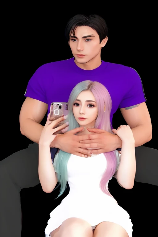 Araffes con camisa blanca y chaqueta de cuero y pelo azul y blanco., kda y sam que, pose de pareja, OVEJA, realistic art style, anime estilo 3d, nixeu y sakimichan, inspirado en Sim Sa-jeong, realism artistic style, avatar de segunda vida, holding a modest pose, He holds her while she sleeps., kda