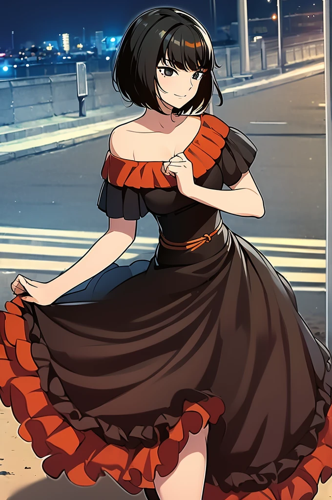 1 girl, Teenage, Black hair, Short black hair, Medium Hair, Bob Hair, Black eyes, off shoulder dress, orange ruffle off the shoulder top, long black skirt, Flamenco Dress, Flamenco dancer, Smile, the city street, Sexy, nighttime, masterpiece, High quality, close up.