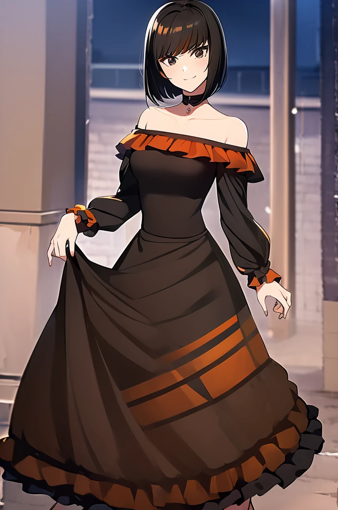 1 girl, Teenage, Black hair, Short black hair, Medium Hair, Bob Hair, Black eyes, off shoulder dress, orange ruffle off the shoulder top, long black skirt, Flamenco Dress, Flamenco dancer, Smile, the city street, Sexy, nighttime, masterpiece, High quality.