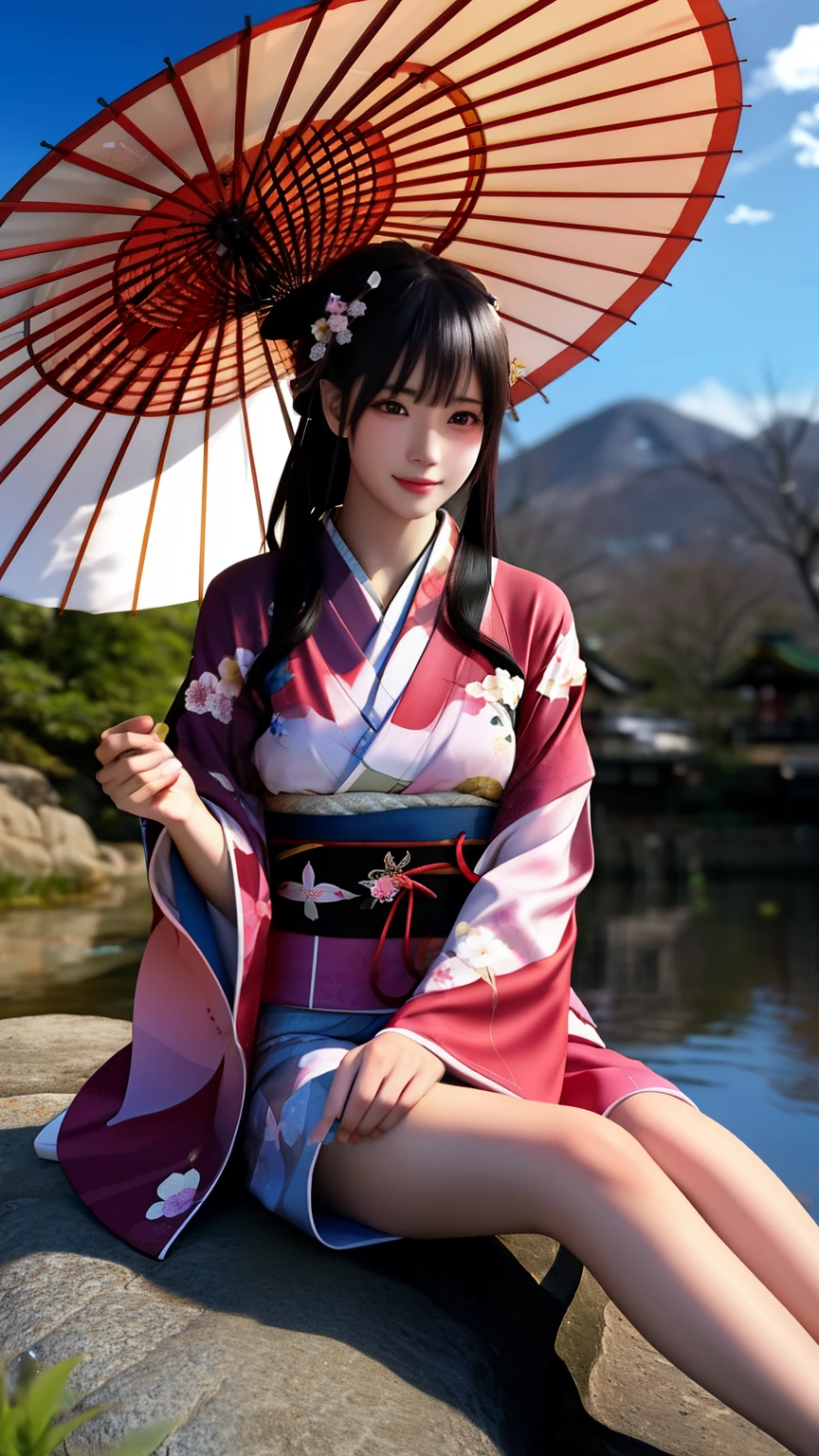 girls with kimono holding wagasa umbrella sitting on the rock in sakura lake ultra realistic