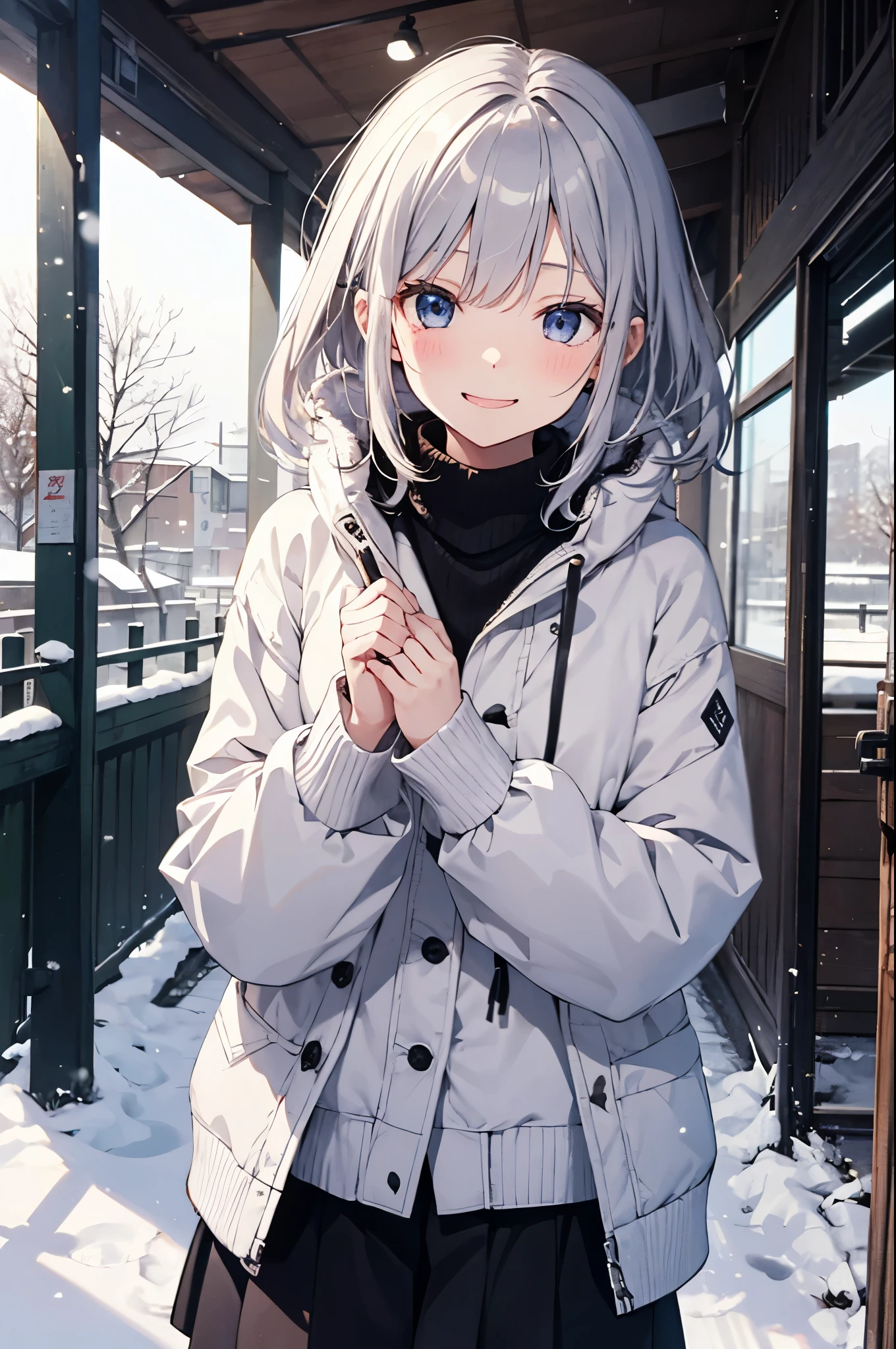 (Dainty Girl:1.3)、 happy face,winterの雰囲気、snow玉を投げる、winter、snow、cold