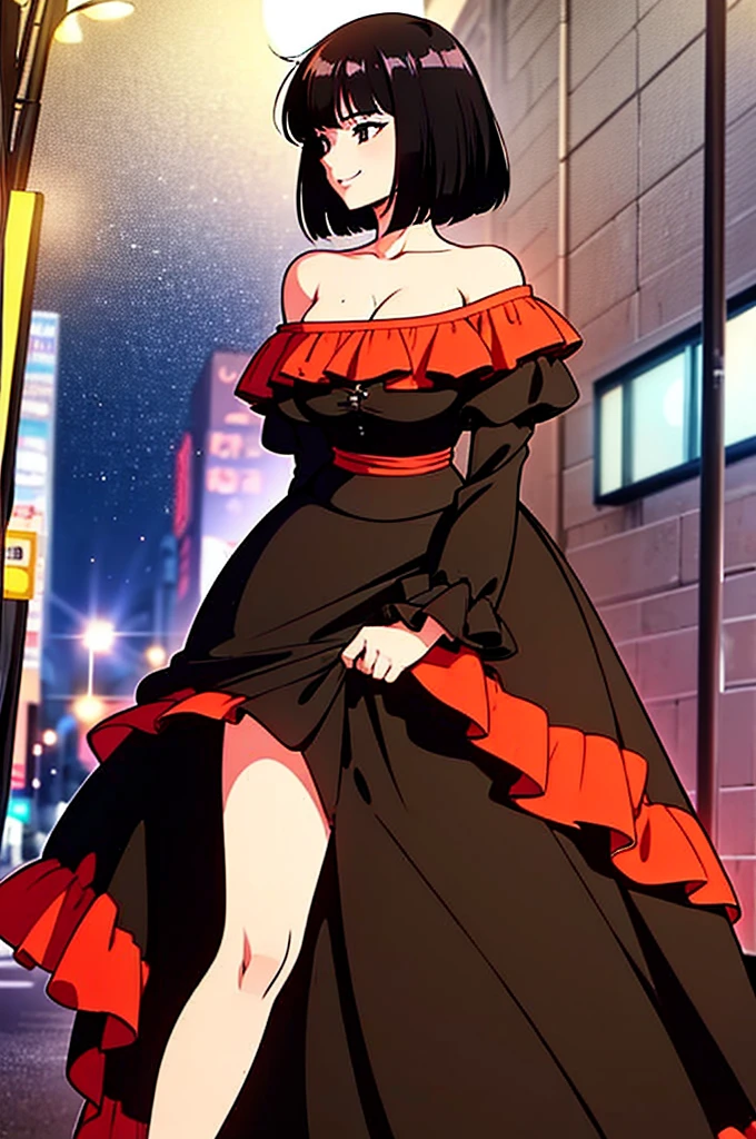 1 girl, , Black hair, Short black hair, Medium Hair, Bob Hair, Black eyes, off shoulder dress, orange ruffle off the shoulder top, long black skirt, Flamenco Dress, Flamenco dancer, Smile, the city street, Sexy, nighttime, masterpiece, High quality, close up