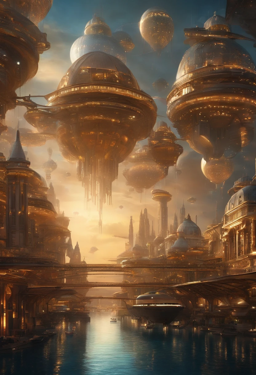 Create futuristic hyperealist works of art, Imagine a floating city in the sky, with complex architectural structures and advanced technology. Paint this futuristic city with a wealth of detail, capturing the bright lights, suspended platforms and flying vehicles that crisscross the skies.