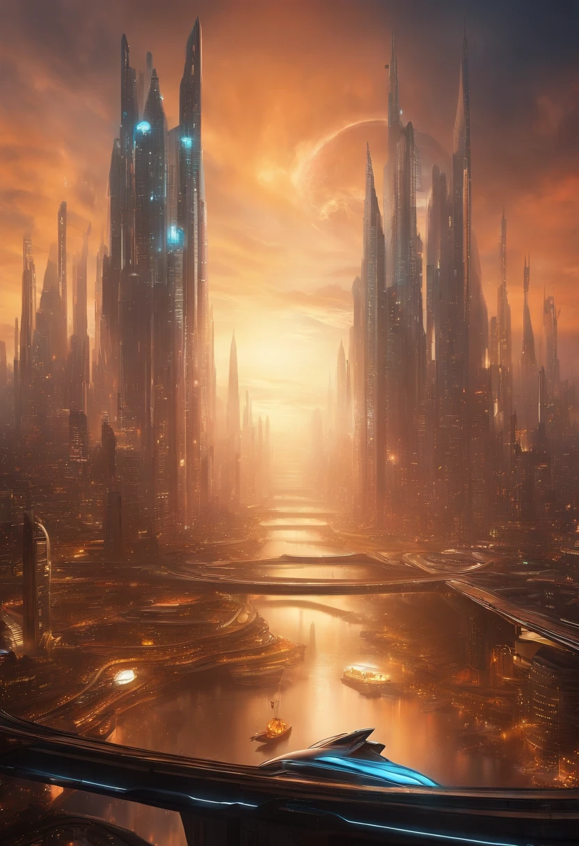 Create futuristic hyperealist works of art, Imagine a floating city in the sky, with complex architectural structures and advanced technology. Paint this futuristic city with a wealth of detail, capturing the bright lights, suspended platforms and flying vehicles that crisscross the skies.