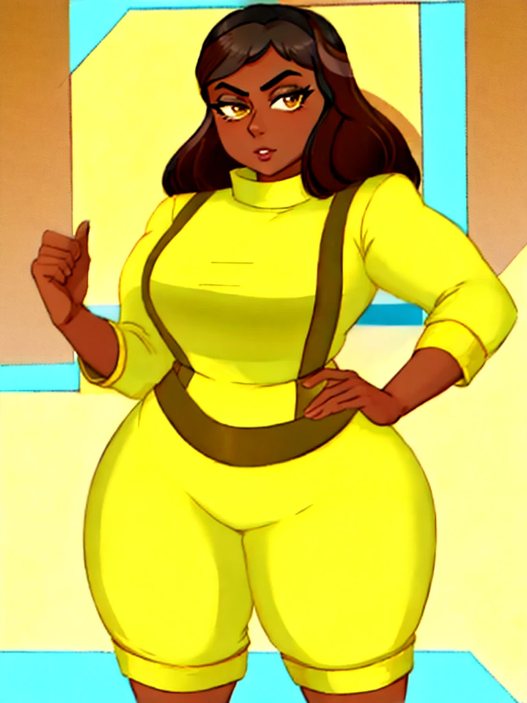 ((masterpiece,best quality)), Brown skin, yellow eyes, long red hair, halter top, shorts, big breasts, big hips, hair between eyes, hair flares out, 1girl, solo, brown-skinned female, red-haired female, front view, plump thighs