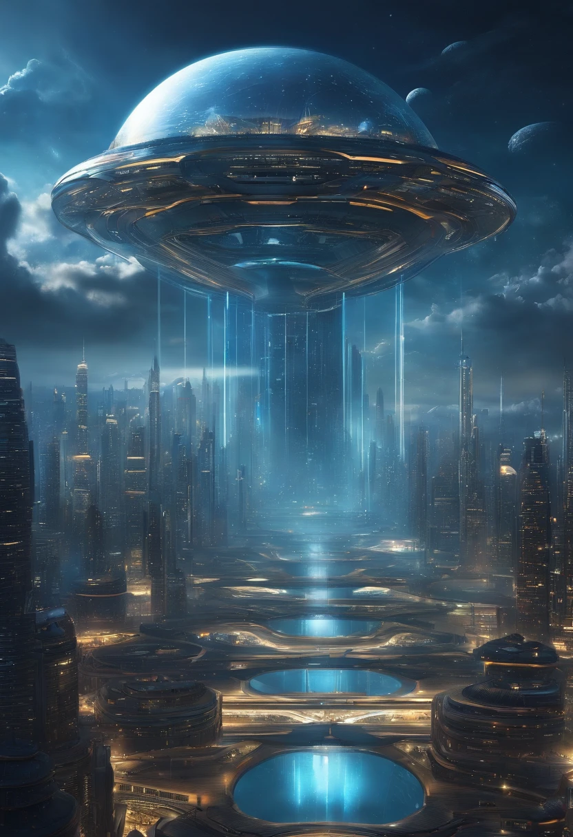 Create futuristic hyperealist works of art, Imagine a floating city in the sky, with complex architectural structures and advanced technology. Paint this futuristic city with a wealth of detail, capturing the bright lights, suspended platforms and flying vehicles that crisscross the skies.