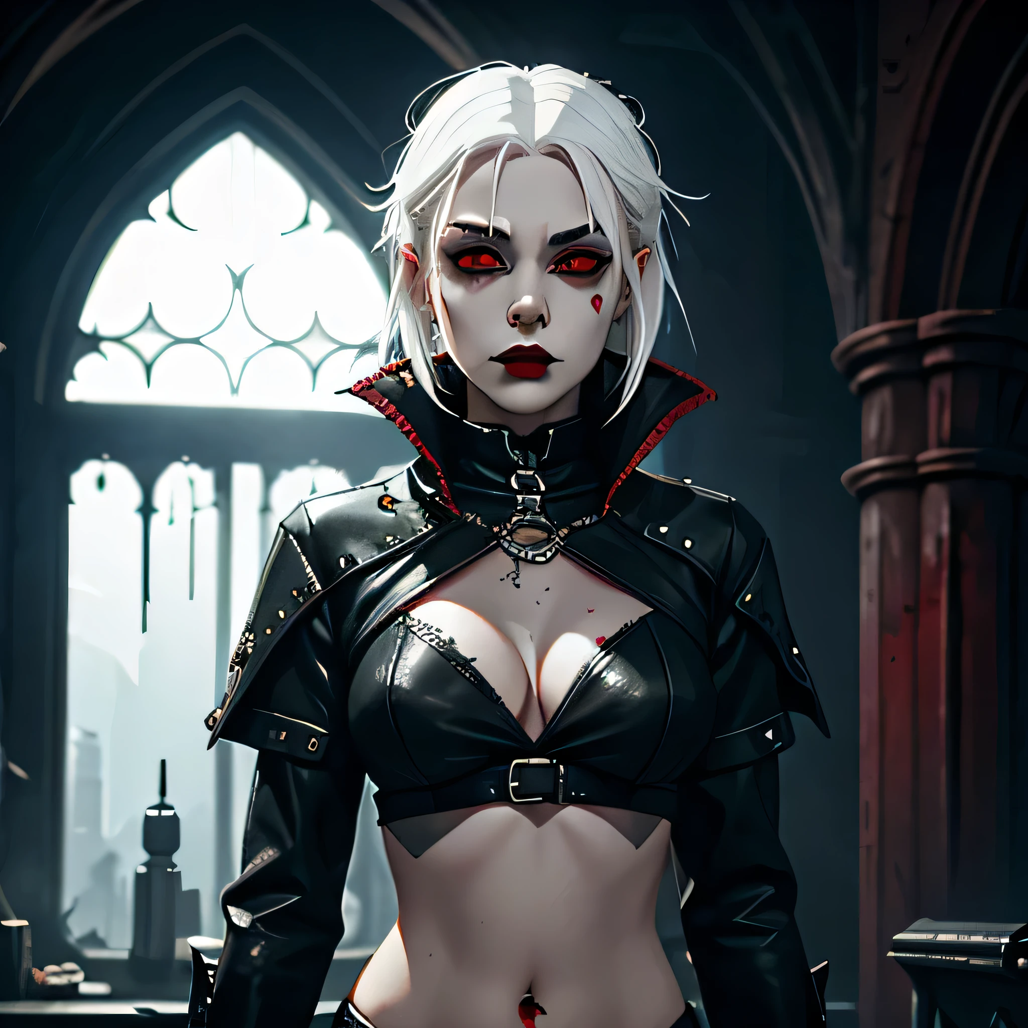 1girl, white hair, heavy goth makeup, fantasy character, cyberpunk horror, dark fantasy, navel, gothic mage, dark red eyes, bloody eyes, dripping blood