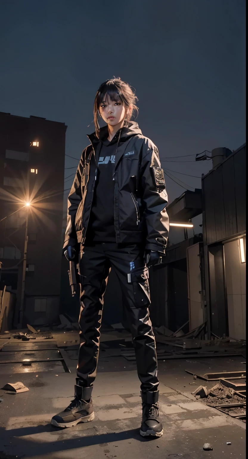 (逼真:1.4)、Abandoned factory at night、Projected on a searchlight、Top image quality、central、Full body standing pose、Niō Standing、Large firearms、Blue eyes、A dark-haired、Expressionless mechanical 18 year old woman