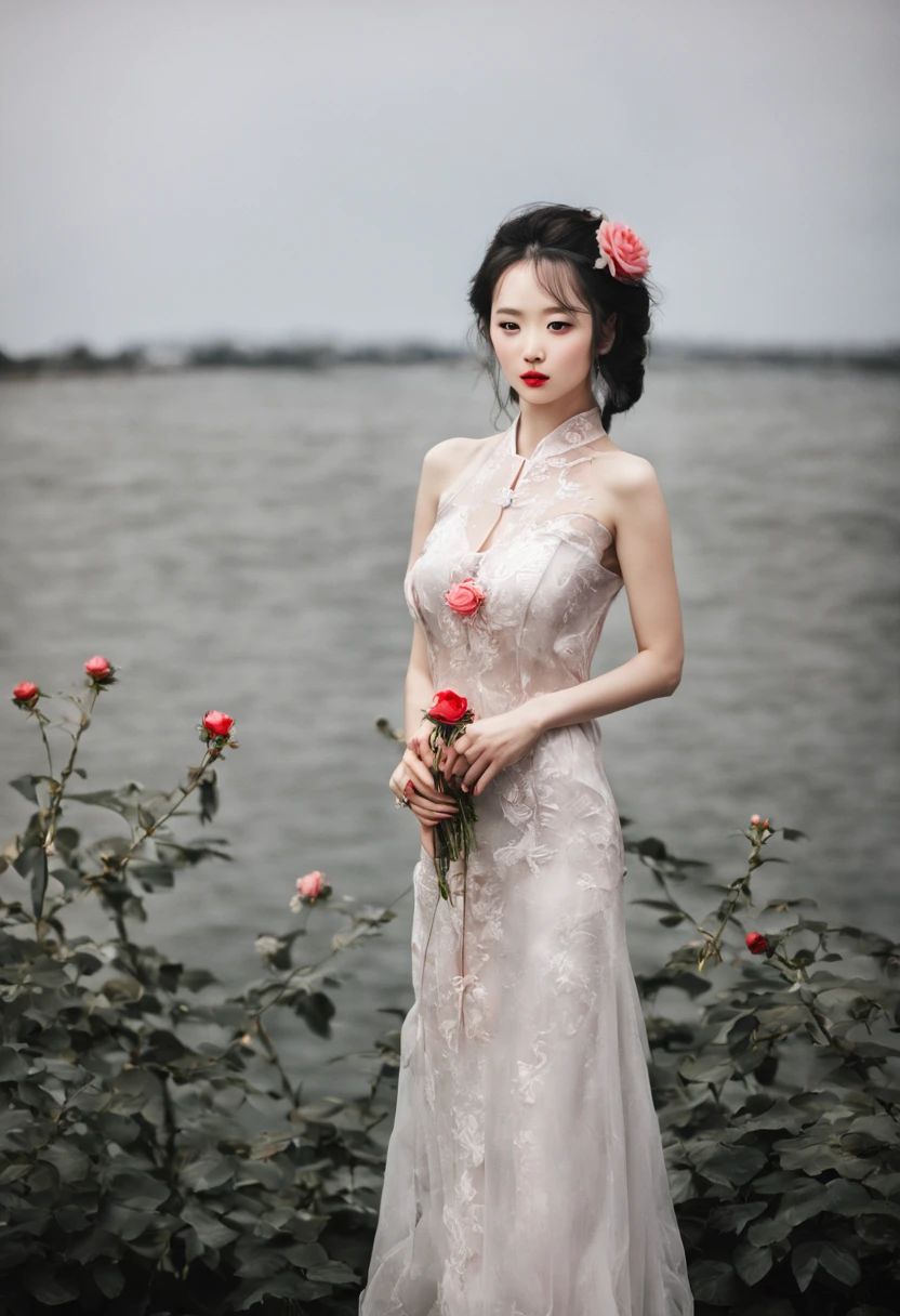 (High quality, 16k, HDR), Three girls, Three Lovers, Three Lesbians, Three Sexy Girl, bouquet red roses of flowers in hand,very bad image negative_v1.3,(huge breasts:1.1),red lips, glowing skin,big her curves,glamorous model,((A beautiful woman white dress near a body of water, chinese dress, gorgeous chinese model, wearing a pink cheongsam, chinese style, sexy dress, wearing an elegant dress, cheongsam, wearing pink dress, sexy black dress, chinese girl, wearing a white dress, beautiful silky dress, wearing a wonderful dress, traditional chinese,wedding dress)),(((Perfect female body, Willow waist))),hide five , best quality,glamorous model with (detailed eyes, detailed lips, extremely detailed eyes),Brunette Bob Hair,beautiful detailed eyes, hazel eyes, {{{{{sharp focus}}}}},Wearing a single red rose around the neck of a necklace,Wearing red and black lace dress,high-heels,blue eyes,(((Full body))))((anatomy correct)),Gorgeous and intricate lady style