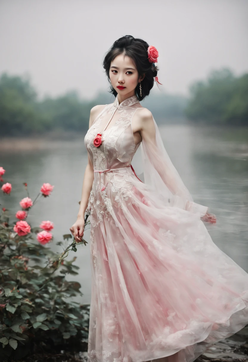 (High quality, 16k, HDR), Three girls, Three Lovers, Three Lesbians, Three Sexy Girl, bouquet red roses of flowers in hand,very bad image negative_v1.3,(huge breasts:1.1),red lips, glowing skin,big her curves,glamorous model,((A beautiful woman white dress near a body of water, chinese dress, gorgeous chinese model, wearing a pink cheongsam, chinese style, sexy dress, wearing an elegant dress, cheongsam, wearing pink dress, sexy black dress, chinese girl, wearing a white dress, beautiful silky dress, wearing a wonderful dress, traditional chinese,wedding dress)),(((Perfect female body, Willow waist))),hide five , best quality,glamorous model with (detailed eyes, detailed lips, extremely detailed eyes),Brunette Bob Hair,beautiful detailed eyes, hazel eyes, {{{{{sharp focus}}}}},Wearing a single red rose around the neck of a necklace,Wearing red and black lace dress,high-heels,blue eyes,(((Full body))))((anatomy correct)),Gorgeous and intricate lady style