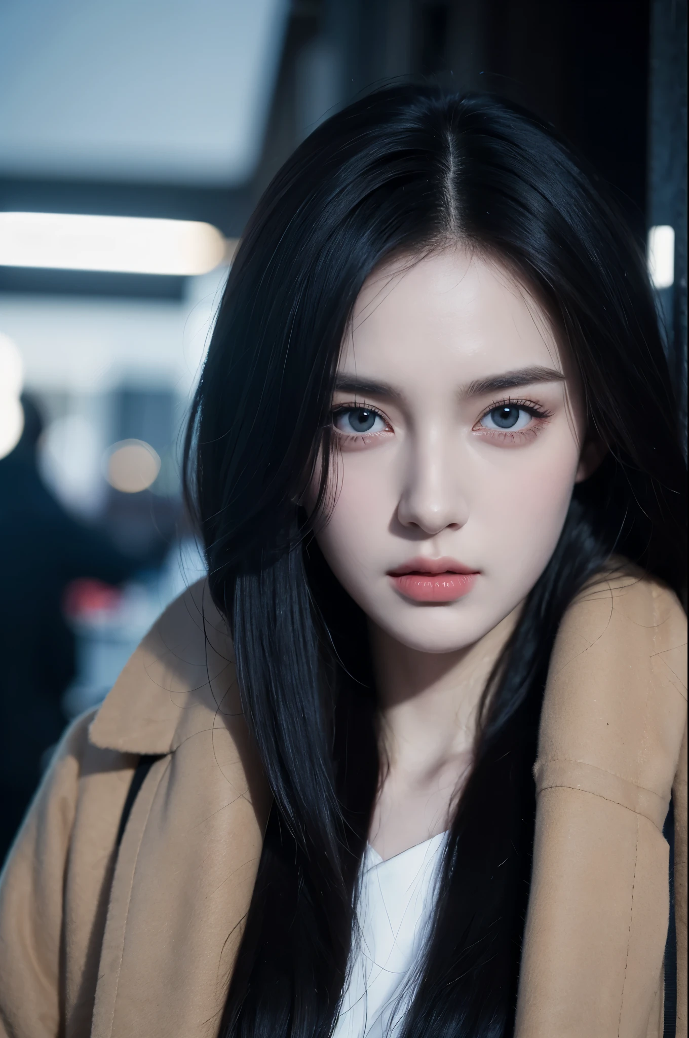 beautiful girl,With realistic dark eyes, pale skin, Medium-long black hair, perfect face, perfect eyes, Wear a coat, Very detailed, synthesis, number, 8k, Cinema lighting, best quality, high resolution, detailed work, post processing, Perfect results, Surreal