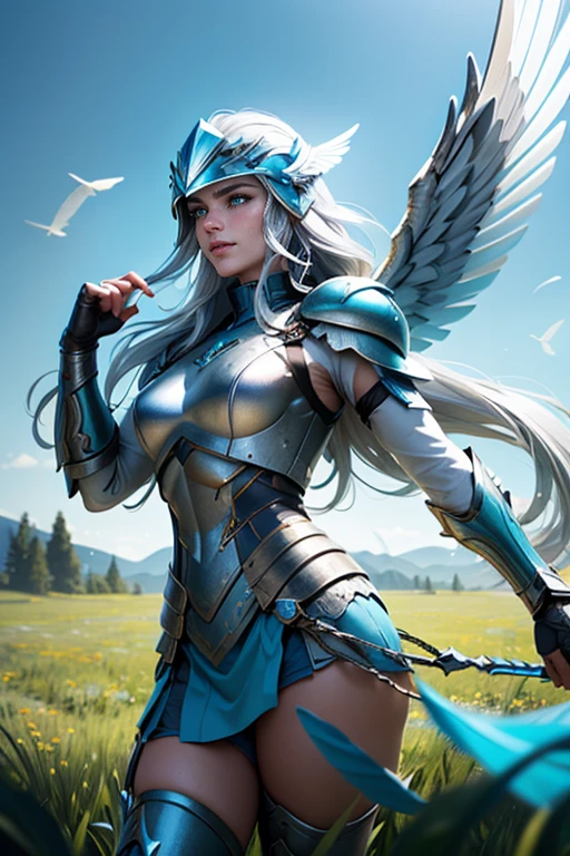 (a valkyrie in a meadow,silver hair,cyan eyes,very long hair,floating hair,wind,winged helmet,cowboy shot,surface scattering,looking at viewer,portrait,detailed,photorealistic,vivid colors,ethereal lighting)