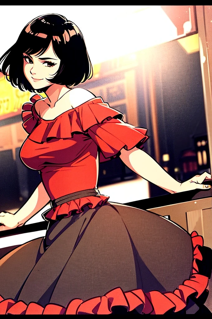 1 girl, Teenage, Black hair, Short black hair, Medium Hair, Bob Hair, Black eyes, off shoulder dress, orange ruffle off the shoulder top, long black skirt, Flamenco Dress, Flamenco dancer, Smile, the city street, Sexy, nighttime, masterpiece, High quality. Close up, looking at you.