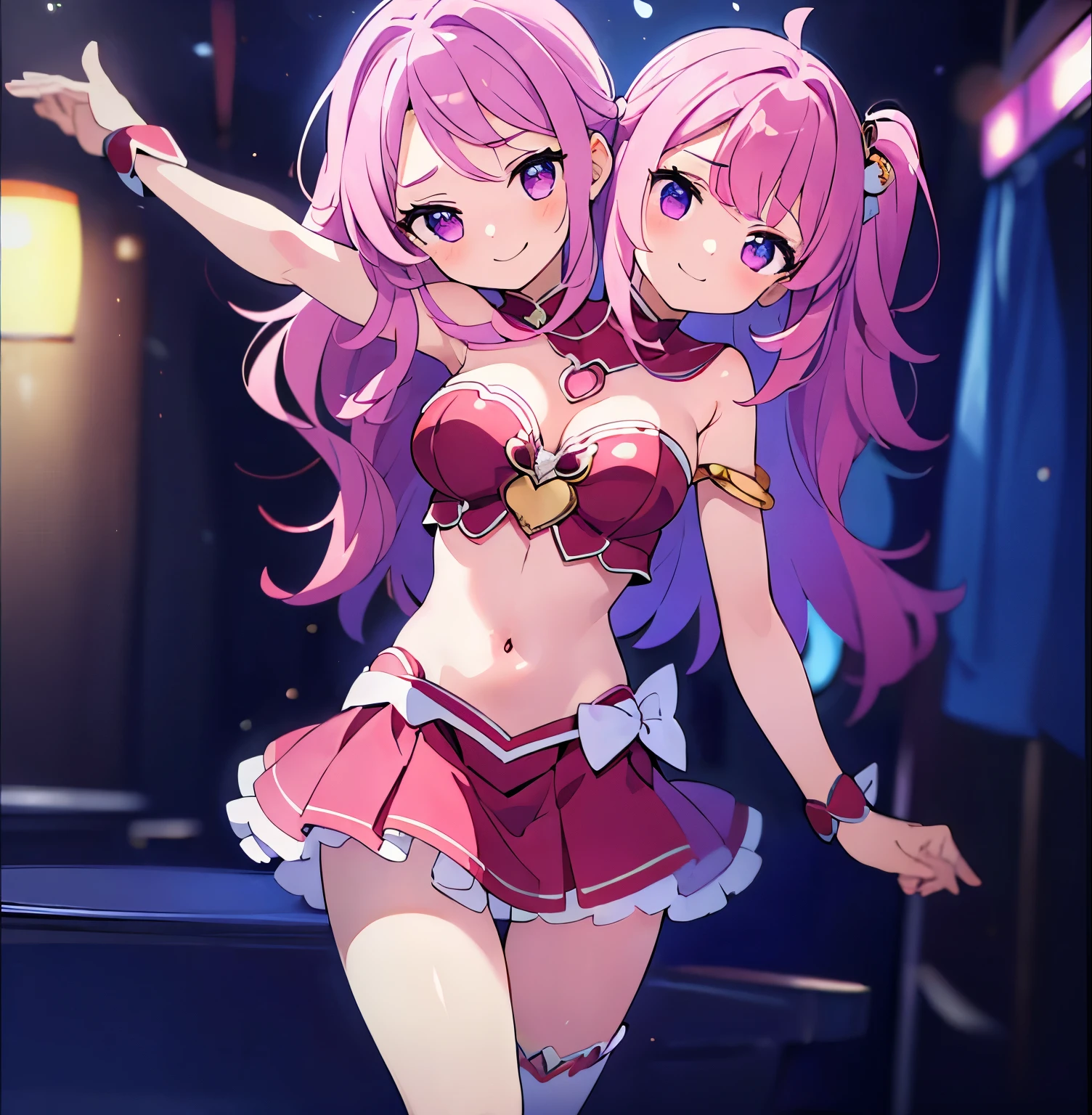 best quality, (masterpiece),(ultra-detailed), (high quality), (high resolution), (2heads:1.5) 1girl,(hot pink hair), purple eyes, hair ornaments, red armor chest piece, same hair color, teenage girl,((red magical girl)), magical girl, gentle smile, high school background, high ponytail, exposed midriff, skirt