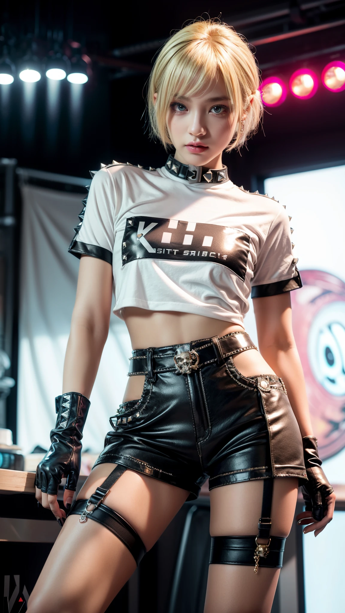 (Ultra-detailed eyes), (((textile shading))), (((Best Quality))), (((masutepiece))), (((Ultra-detailed CG))), sassy girl, (((magical little girl))), (Petite), (tiny chest), blonde short hair, blonde short hair, blonde short hair, pin up emo, ((gorgeous hair)), Pink eyes, (((skull style, look skool. color block short sleeve shirt, Two-color wrapped gloves, Garter belt single pocket studded cargo skirt , y2k))), ((striking a pose)), (((Game CG)) (gorgeous, sassy, it girl), fancy jewelry, full led on background, sparkling led on background, retro light, hip-hop vibe, light led on background, light retro led, magic disco light led, strong 80s atmosphere,, cowboy shot, midshot, centered image, eye on camera, front look