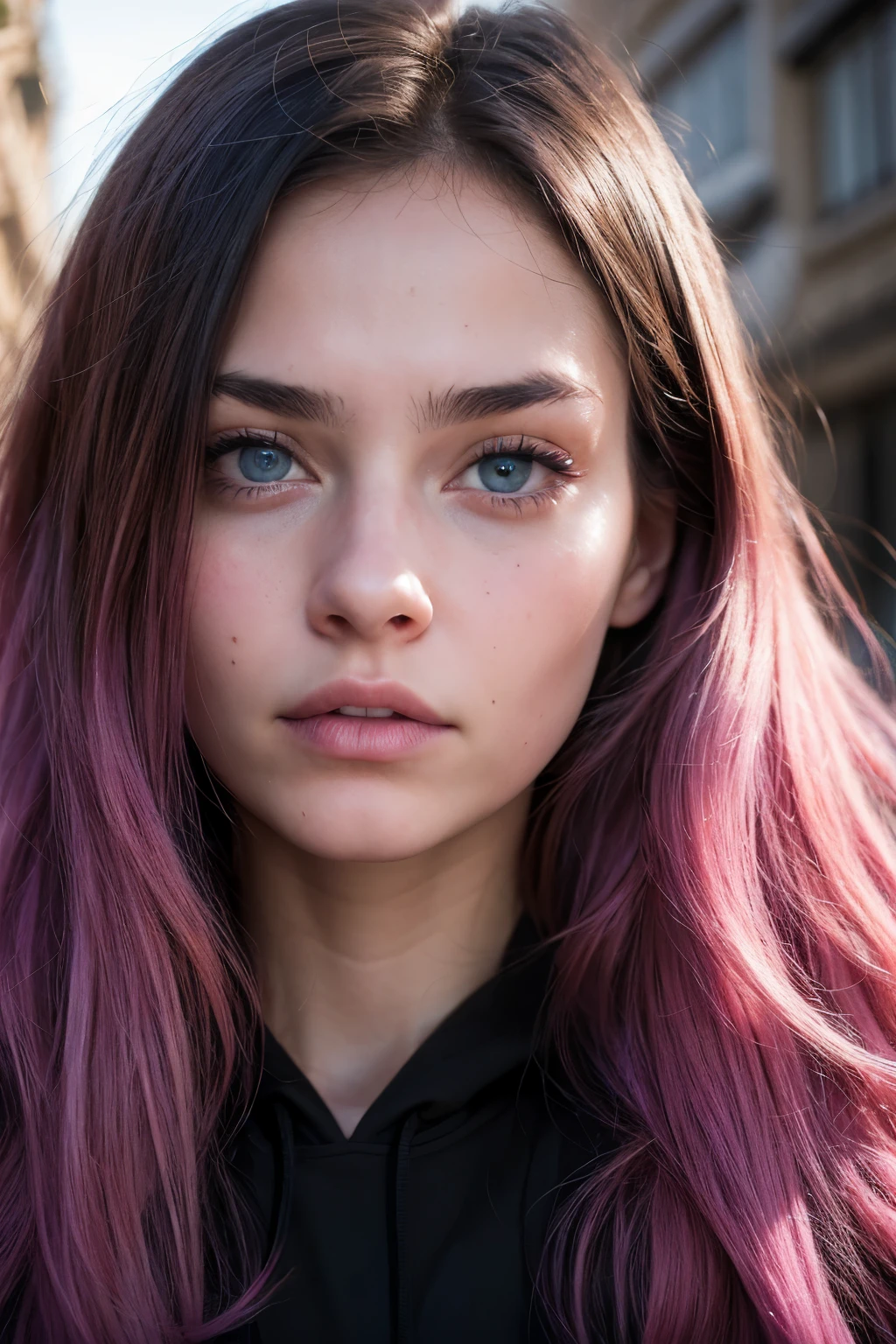 18 years old Rome woman, detailed blue eyes, wearing black hoodie, pink hair, photograph of closeup face, city natural lighting, long hair, by Greg Rutkowski, sem touca