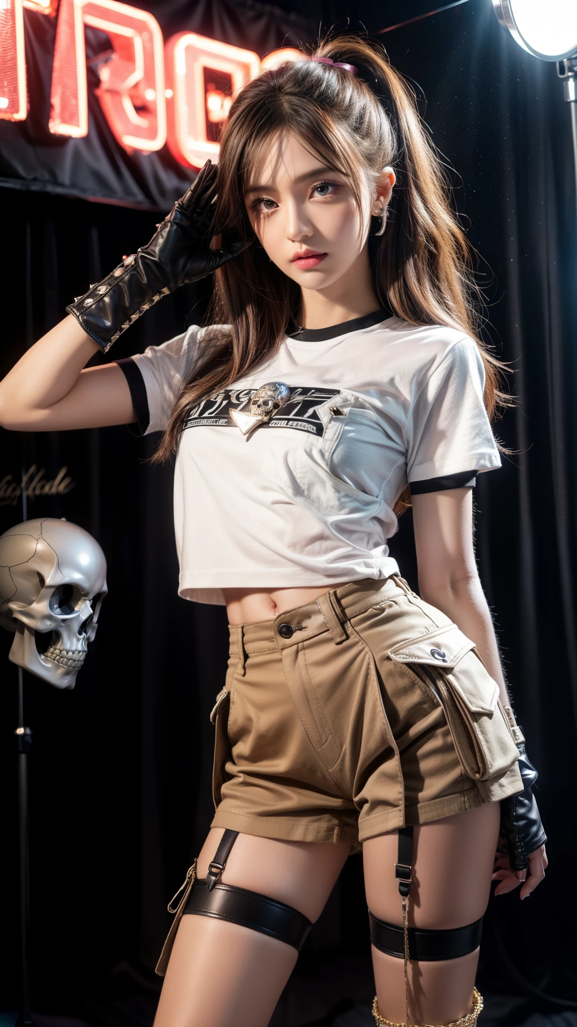 (Ultra-detailed eyes), (((textile shading))), (((Best Quality))), (((masutepiece))), (((Ultra-detailed CG))), sassy girl, (((magical little girl))), (Petite), (tiny chest), hazel fluffy hair, hazel fluffy hair, hazel fluffy hair, pin up emo, ((gorgeous hair)), Pink eyes, (((skull style, look skool. color block short sleeve shirt, Two-color wrapped gloves, Garter belt single pocket studded cargo skirt , y2k))), ((striking a pose)), (((Game CG)) (gorgeous, sassy, it girl), fancy jewelry, full led on background, sparkling led on background, retro light, hip-hop vibe, light led on background, light retro led, magic disco light led, strong 80s atmosphere,, cowboy shot, midshot, centered image, eye on camera, front look