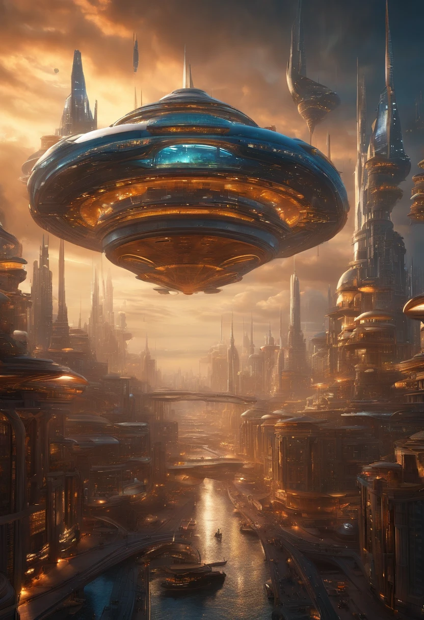 Create futuristic hyperealist works of art, Imagine a floating city in the sky, with complex architectural structures and advanced technology. Paint this futuristic city with a wealth of detail, capturing the bright lights, suspended platforms and flying vehicles that crisscross the skies.