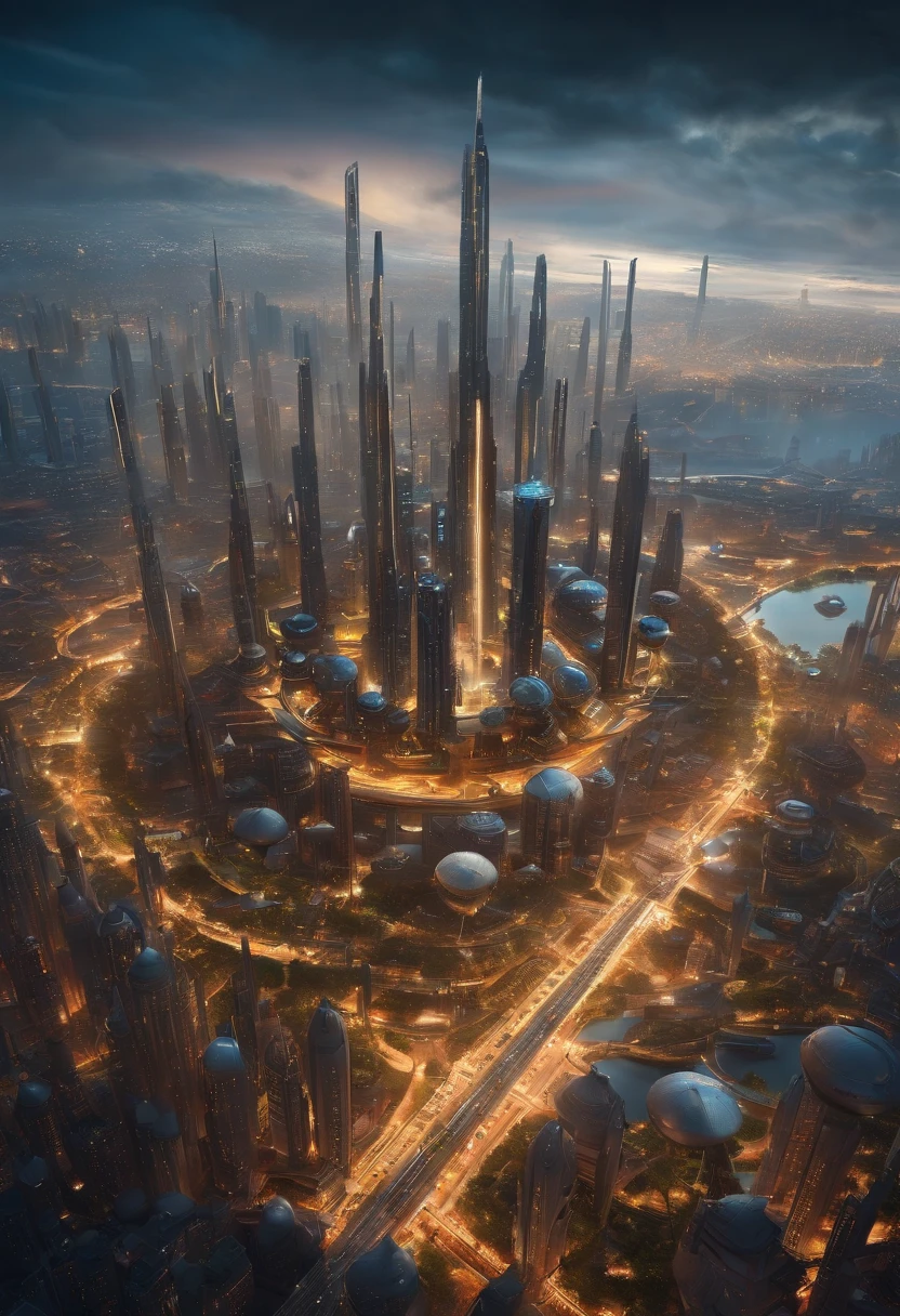 Create futuristic hyperealist works of art, Imagine a floating city in the sky, with complex architectural structures and advanced technology. Paint this futuristic city with a wealth of detail, capturing the bright lights, suspended platforms and flying vehicles that crisscross the skies.