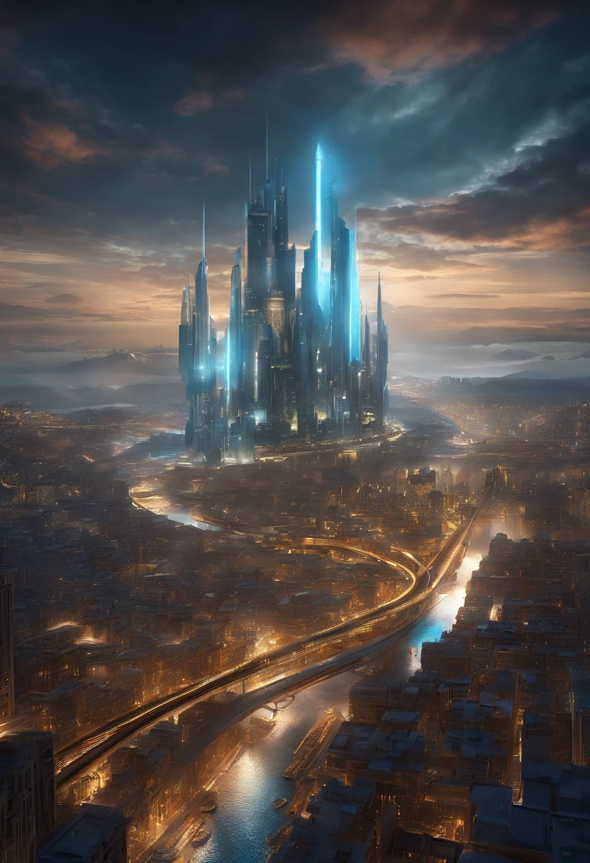 Create futuristic hyperealist works of art, Imagine a floating city in the sky, with complex architectural structures and advanced technology. Paint this futuristic city with a wealth of detail, capturing the bright lights, suspended platforms and flying vehicles that crisscross the skies.