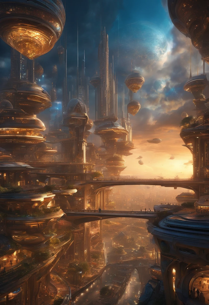 Create futuristic hyperealist works of art, Imagine a floating city in the sky, with complex architectural structures and advanced technology. Paint this futuristic city with a wealth of detail, capturing the bright lights, suspended platforms and flying vehicles that crisscross the skies.
