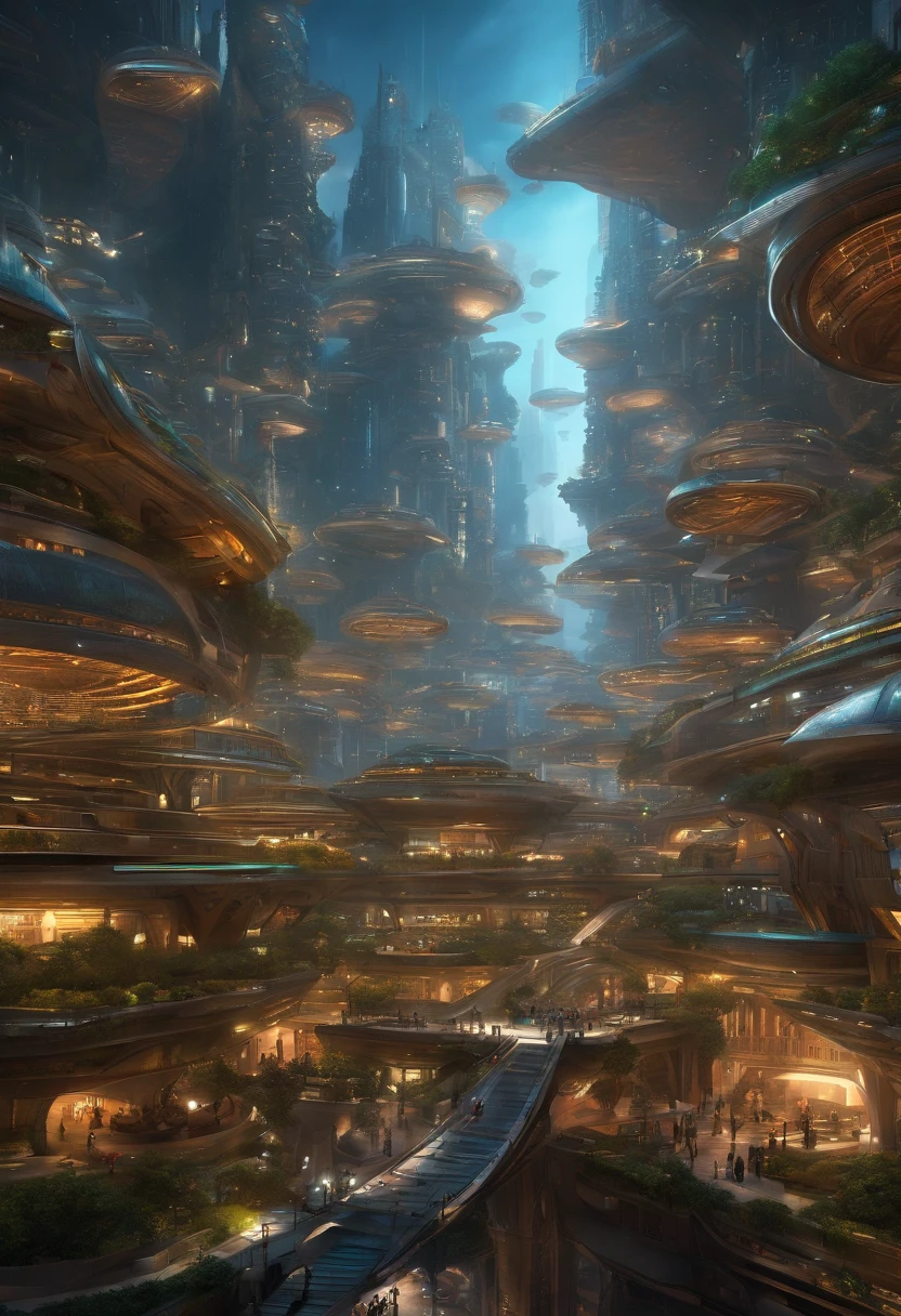 Create futuristic hyperealist works of art, Imagine a floating city in the sky, with complex architectural structures and advanced technology. Paint this futuristic city with a wealth of detail, capturing the bright lights, suspended platforms and flying vehicles that crisscross the skies.